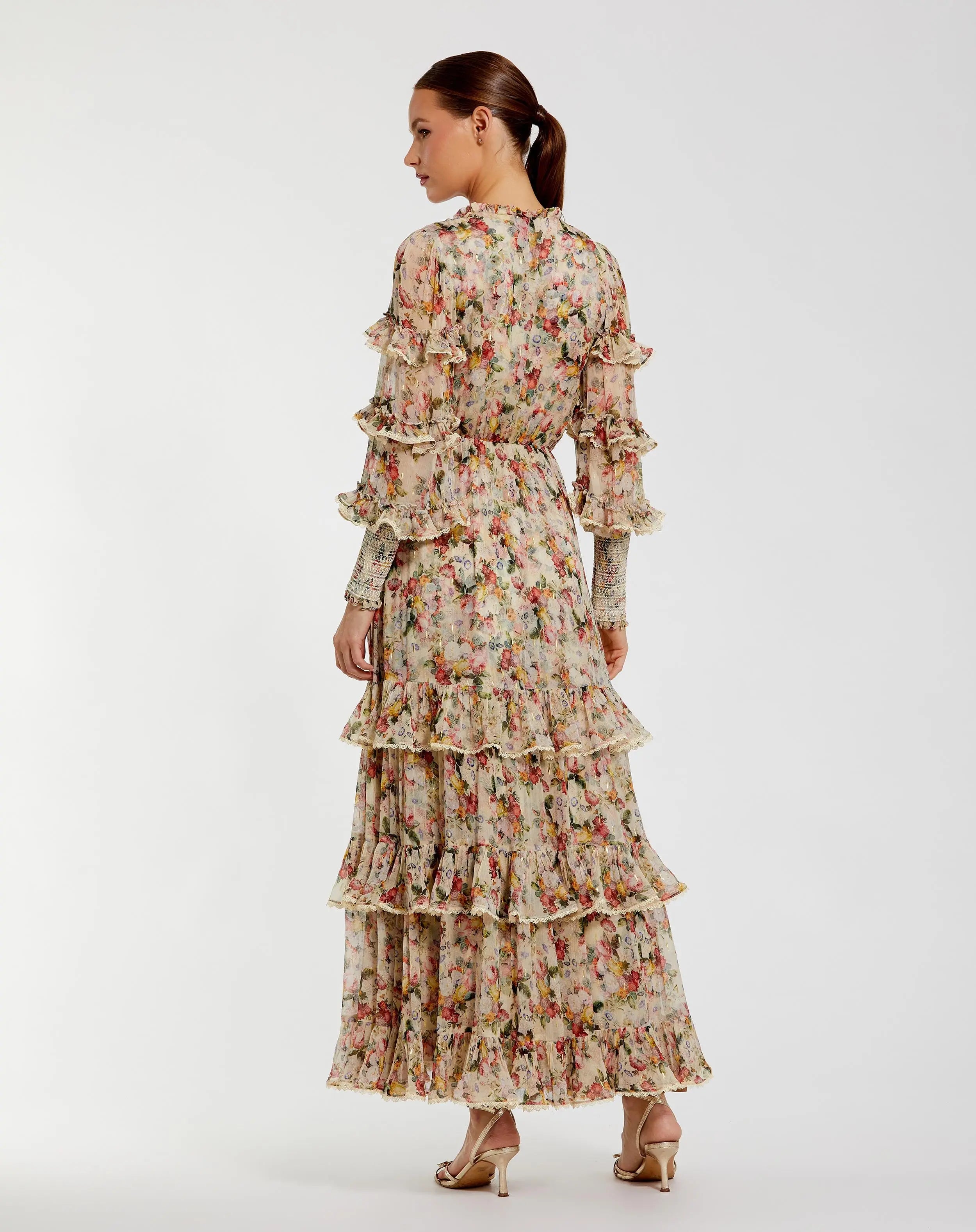 Beige Floral Tiered Ruffle Midi Dress with Long Sleeves-Myartka
