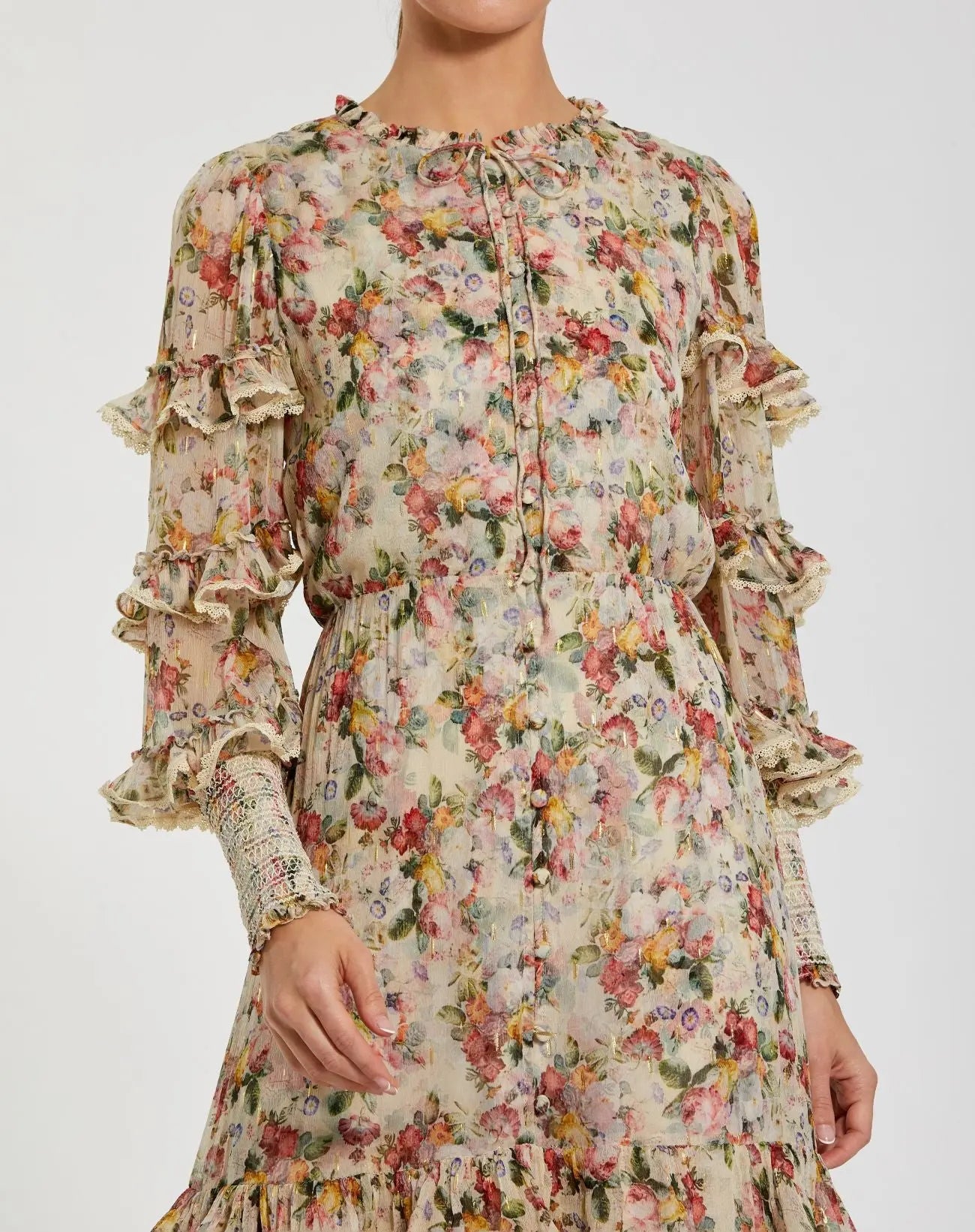 Beige Floral Tiered Ruffle Midi Dress with Long Sleeves-Myartka