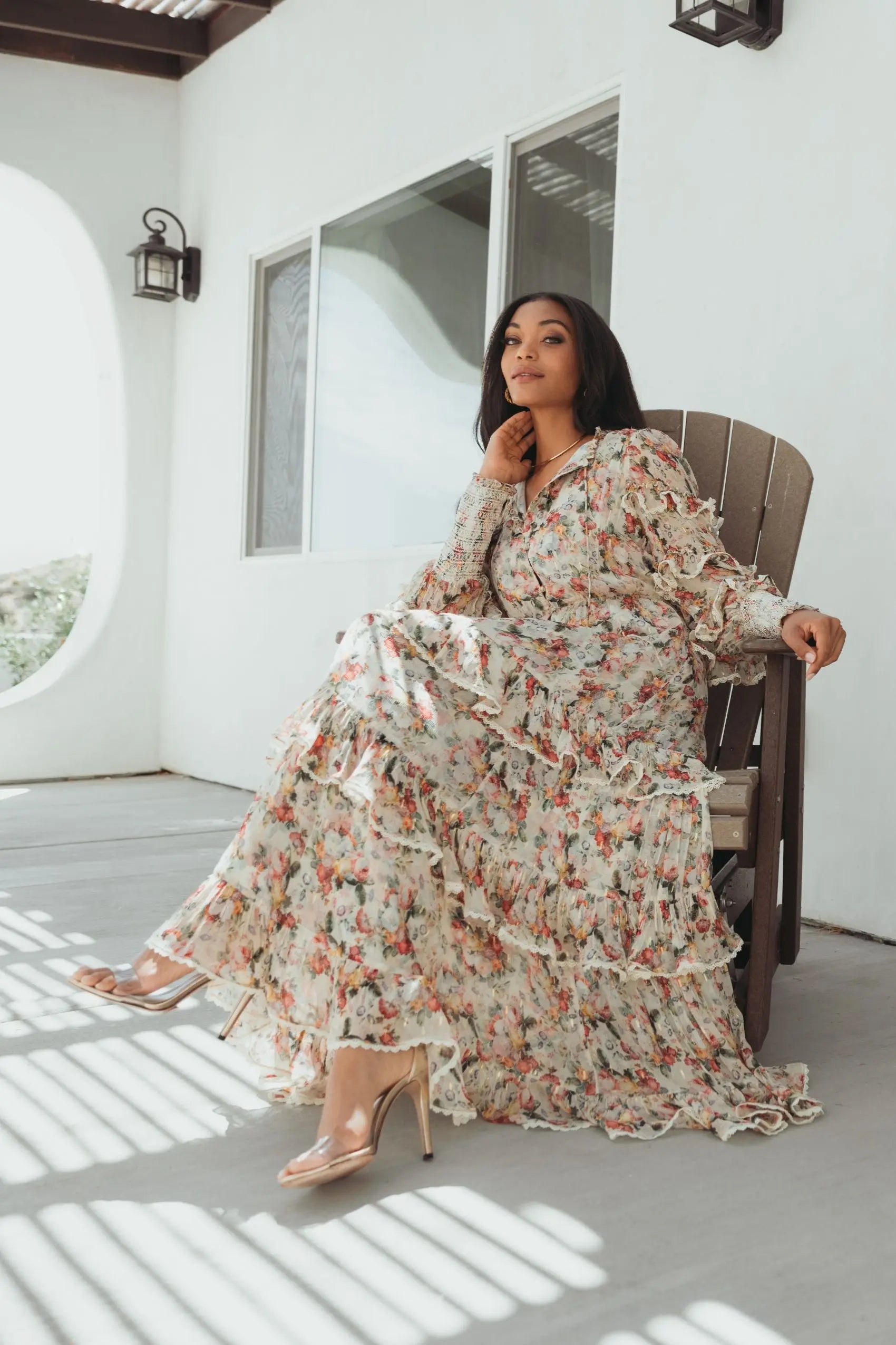 Beige Floral Tiered Ruffle Midi Dress with Long Sleeves-Myartka