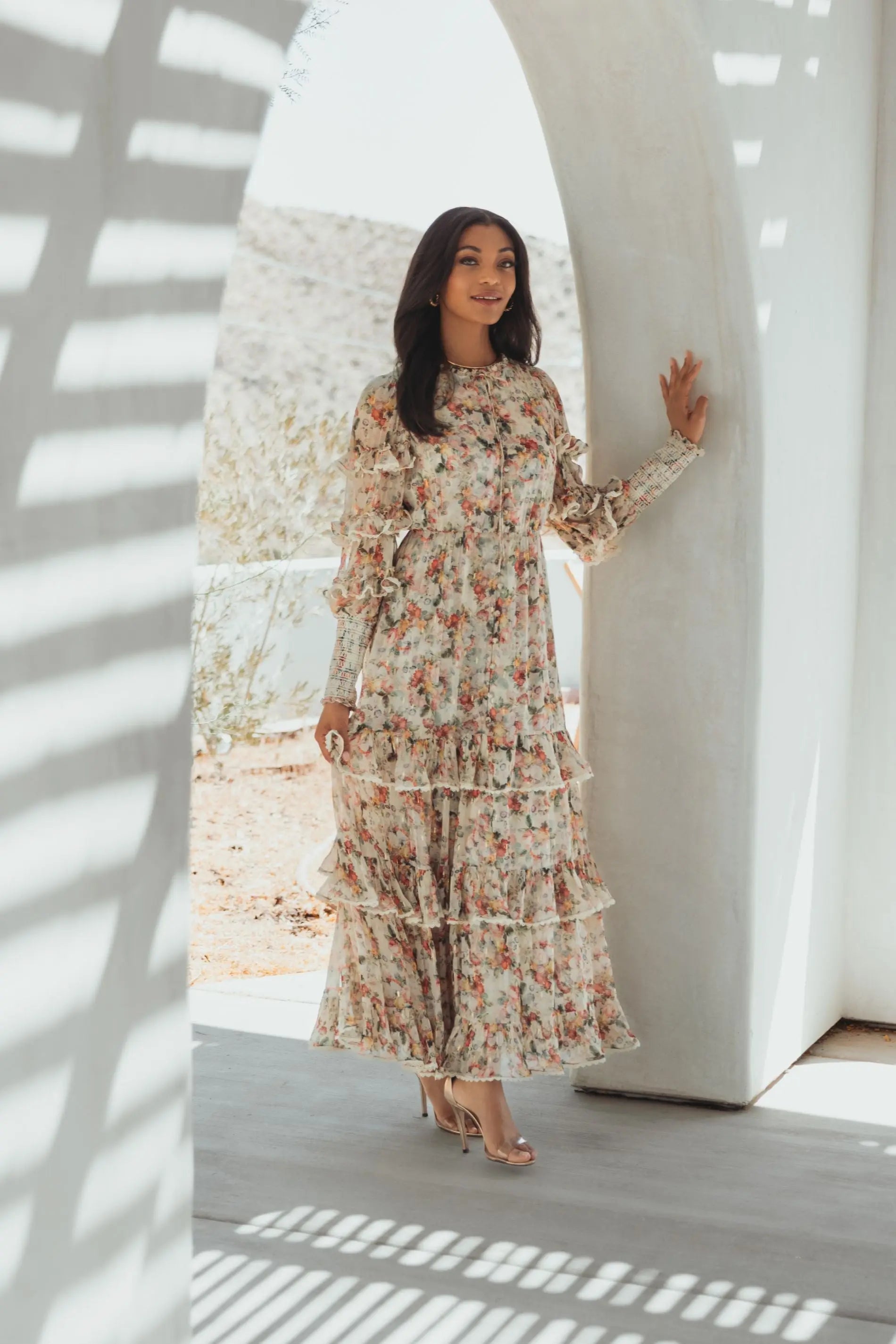 Beige Floral Tiered Ruffle Midi Dress with Long Sleeves-Myartka