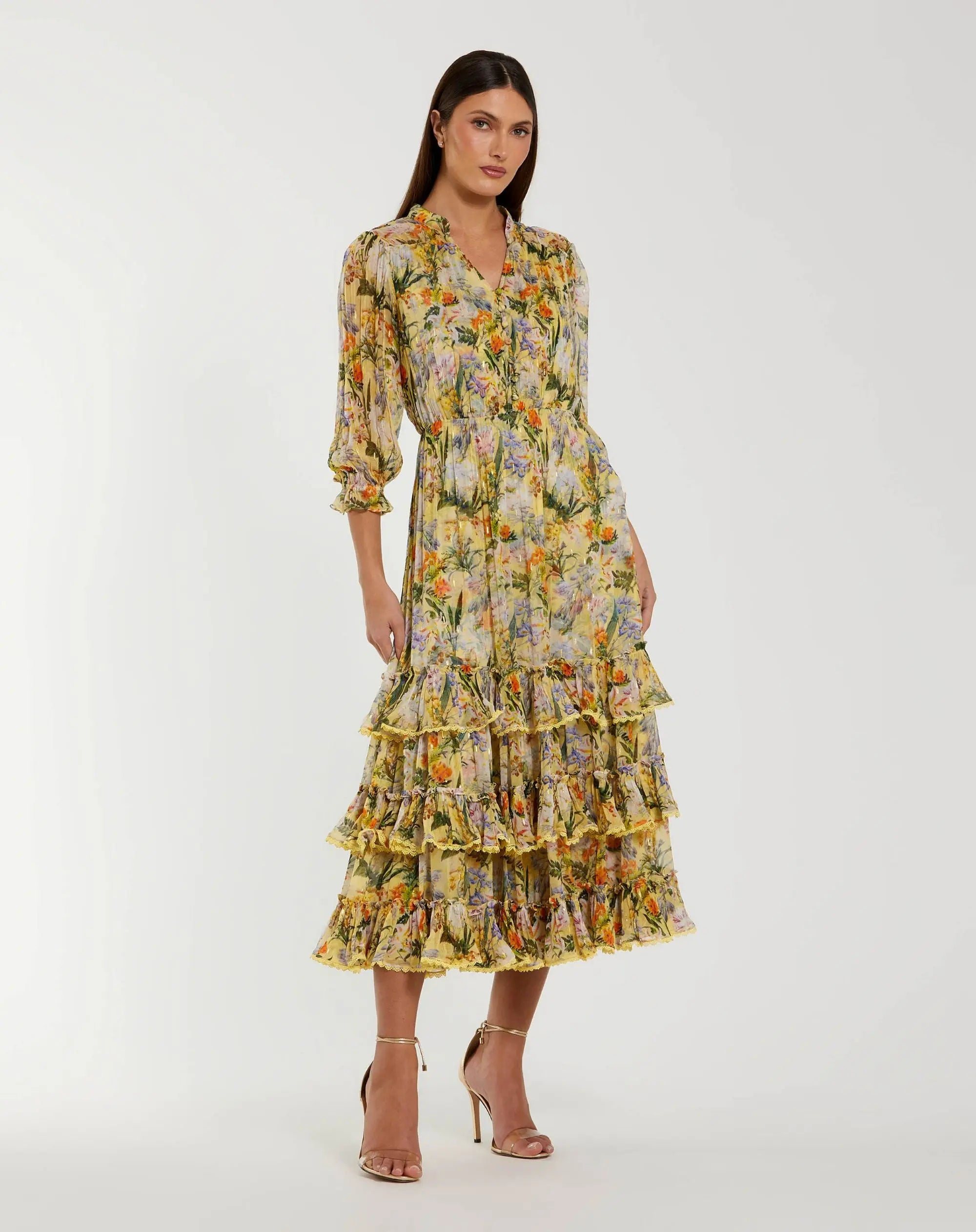 Yellow Floral V Neck Ruffle Midi Dress With 3/4 Sleeves-Myartka