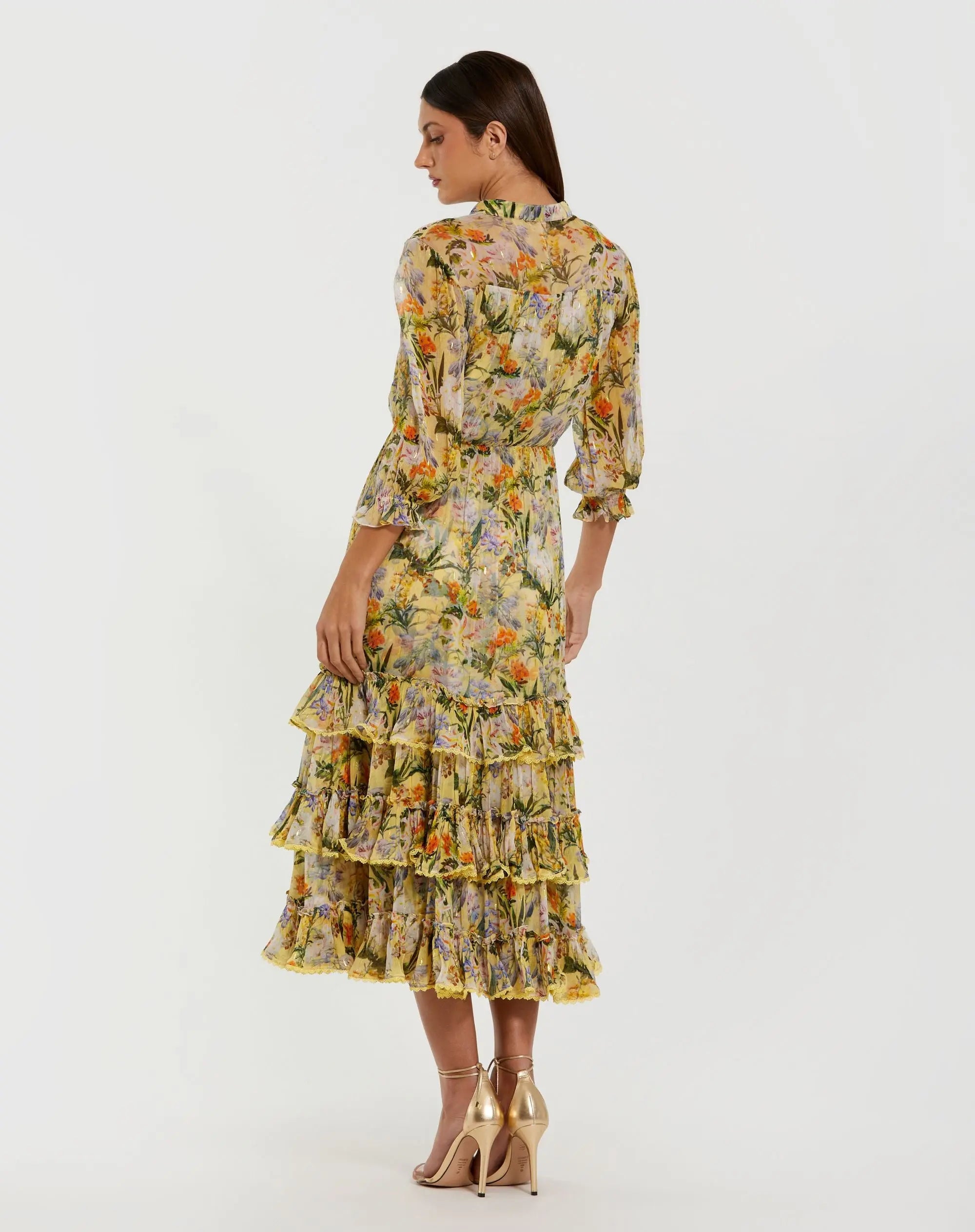 Yellow Floral V Neck Ruffle Midi Dress With 3/4 Sleeves-Myartka