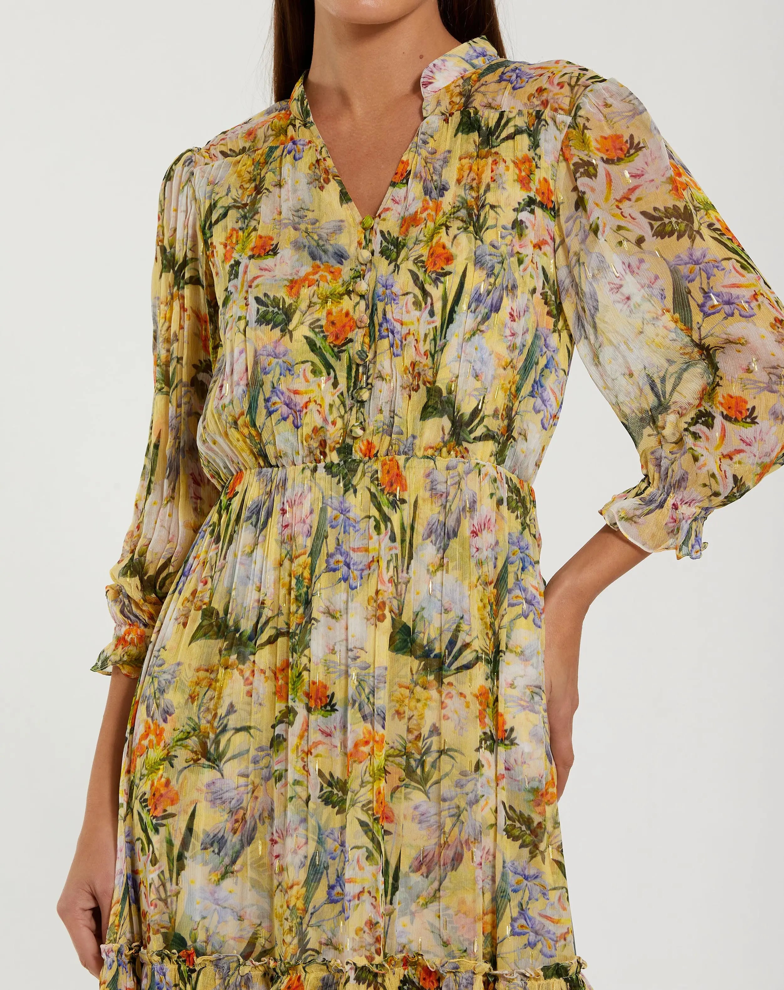 Yellow Floral V Neck Ruffle Midi Dress With 3/4 Sleeves-Myartka