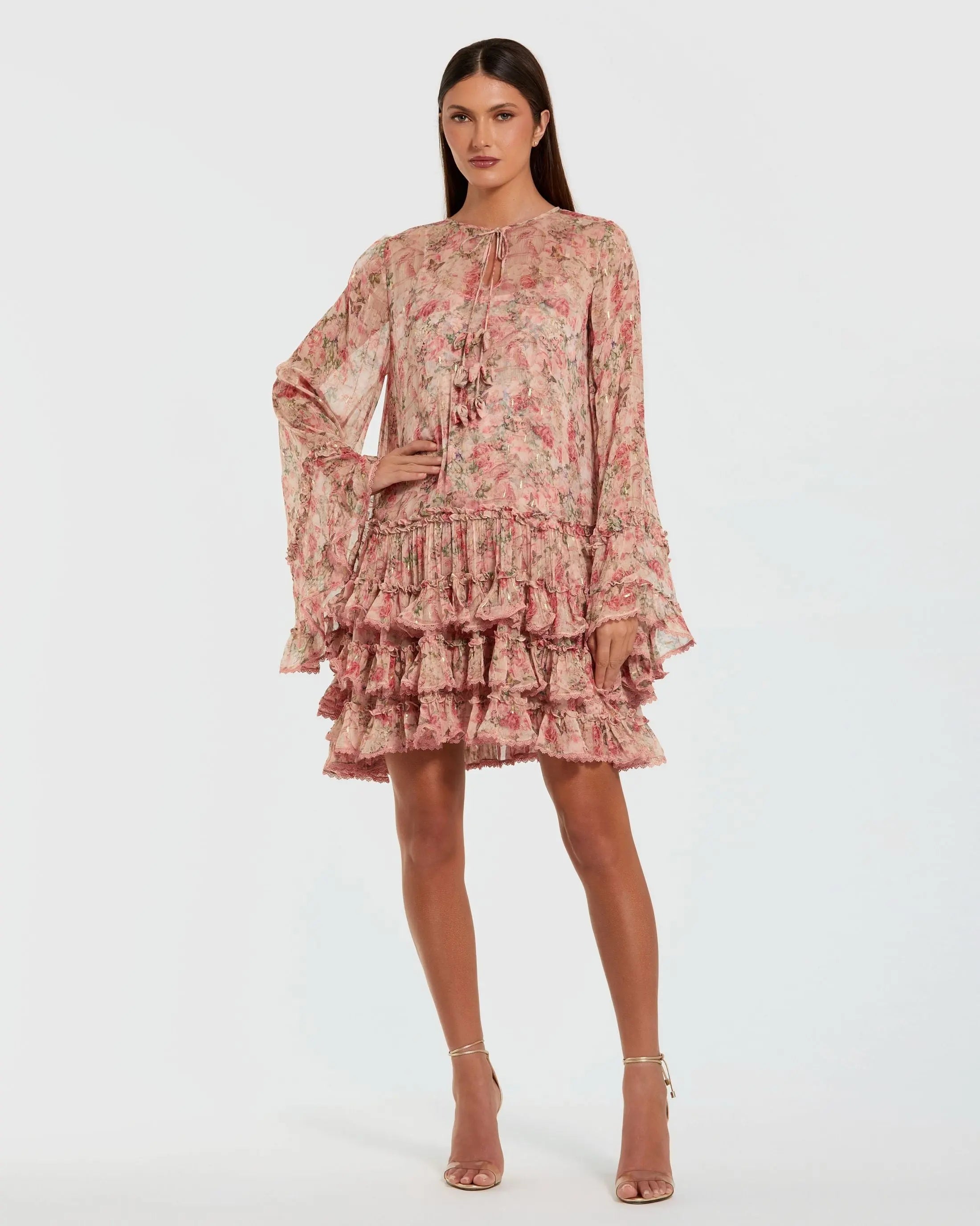 Pink Floral Long Sleeve Ruffle Mini Dress-Myartka
