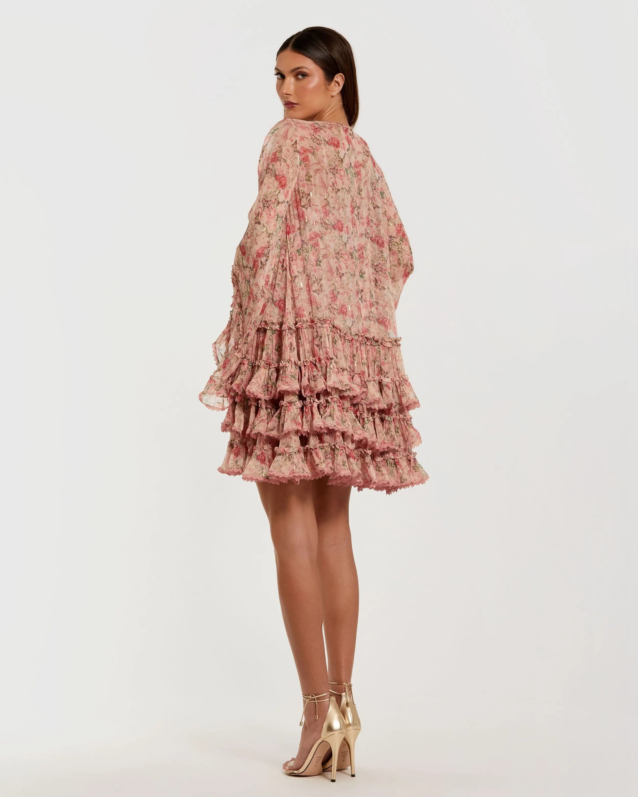 Pink Floral Long Sleeve Ruffle Mini Dress-Myartka