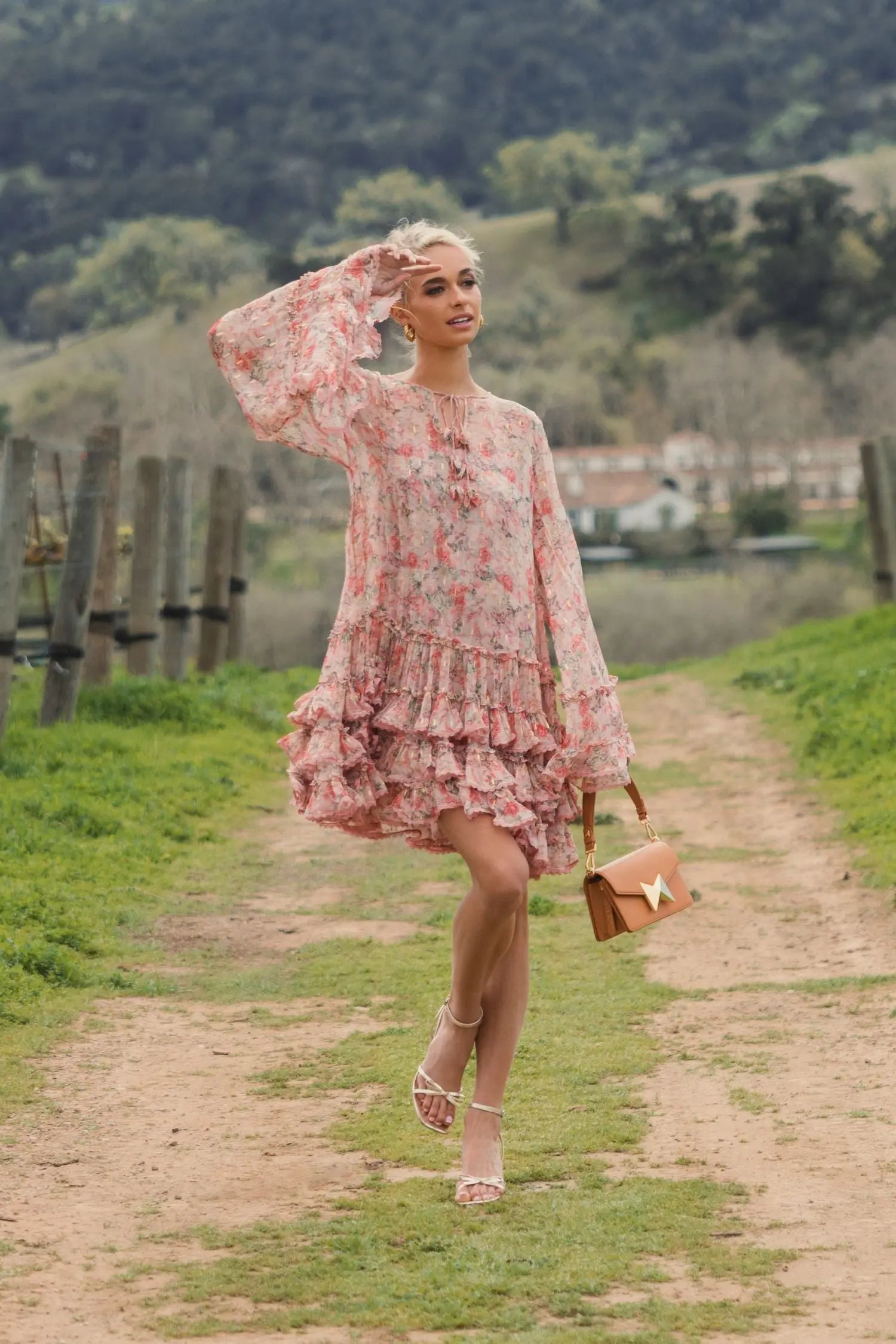 Pink Floral Long Sleeve Ruffle Mini Dress-Myartka