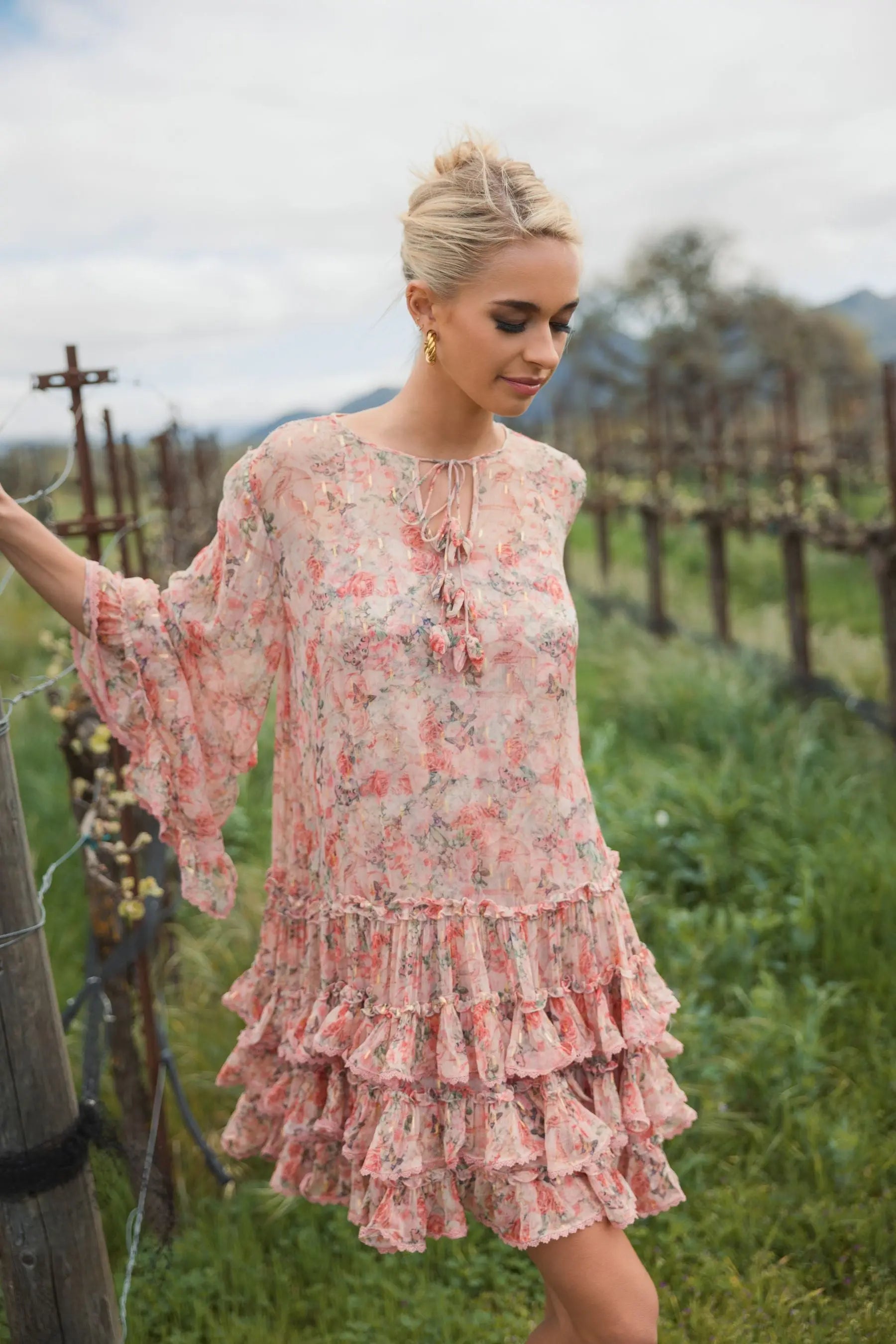 Pink Floral Long Sleeve Ruffle Mini Dress-Myartka