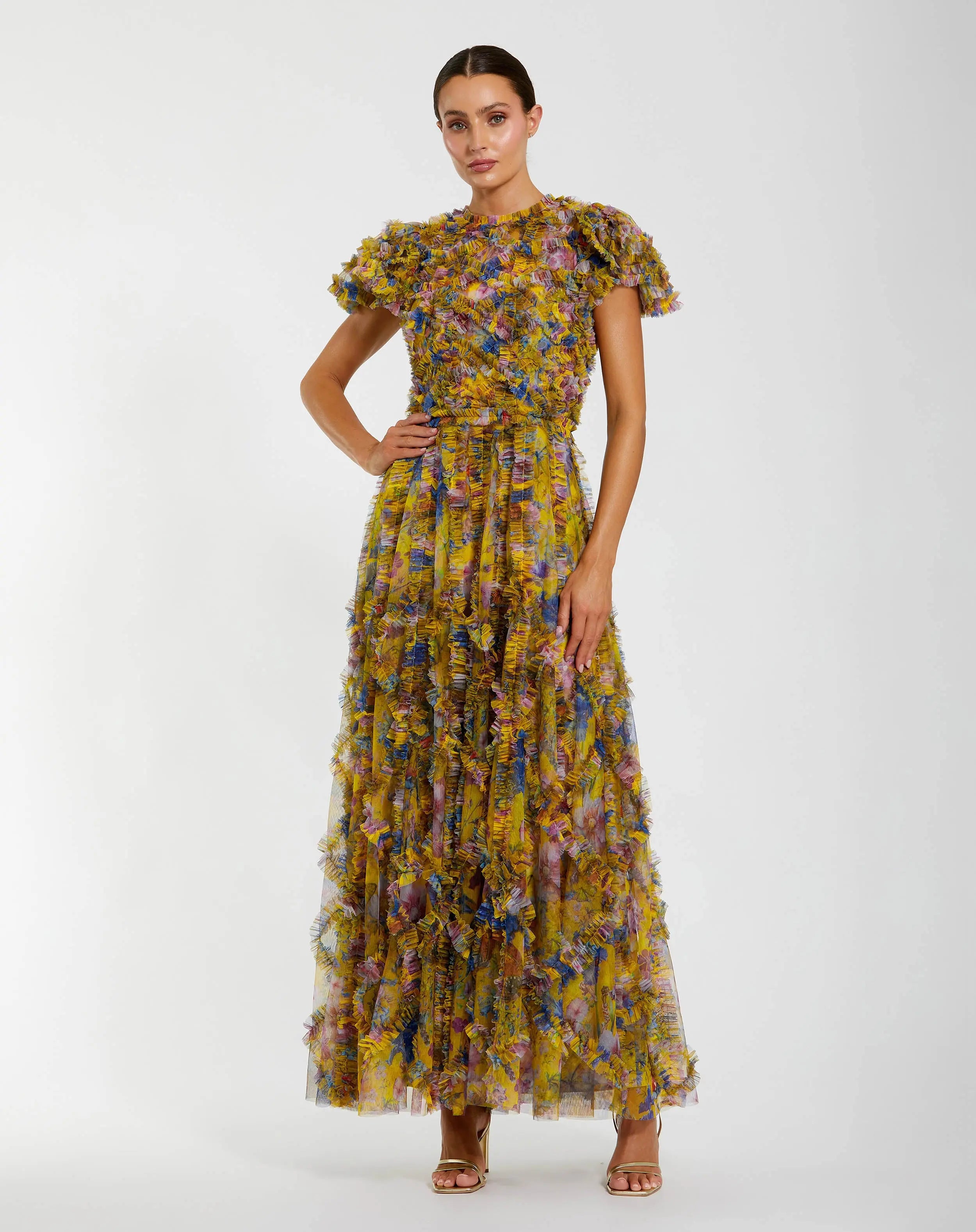 Yellow Micro Ruffle Floral Maxi Dress-Myartka
