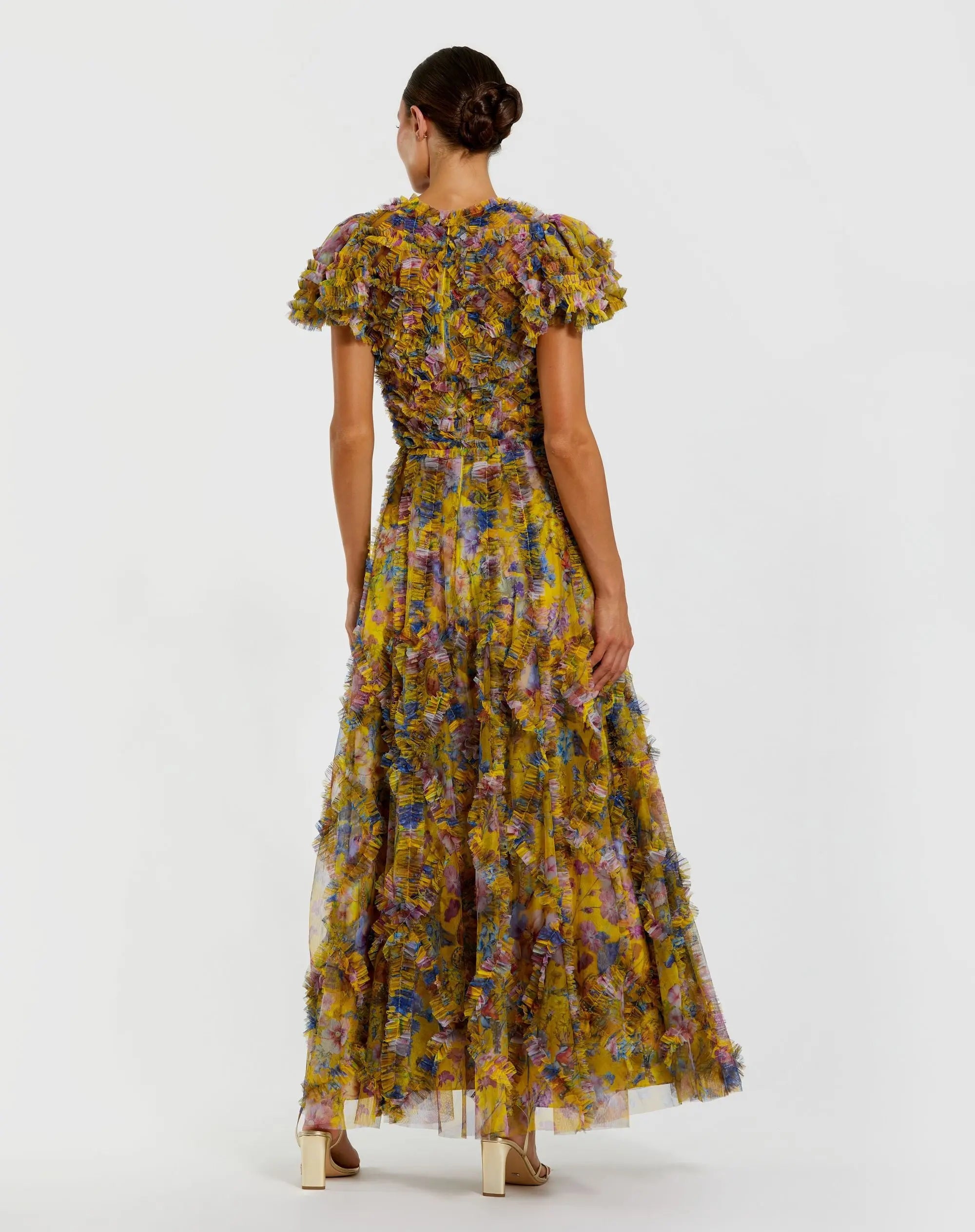 Yellow Micro Ruffle Floral Maxi Dress-Myartka