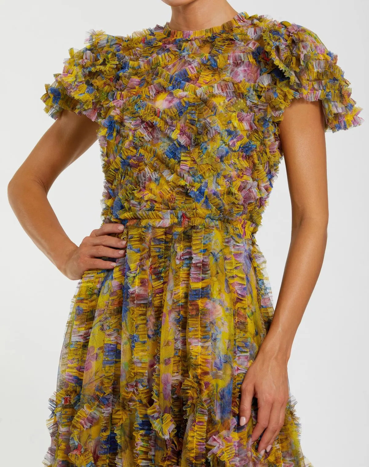 Yellow Micro Ruffle Floral Maxi Dress-Myartka