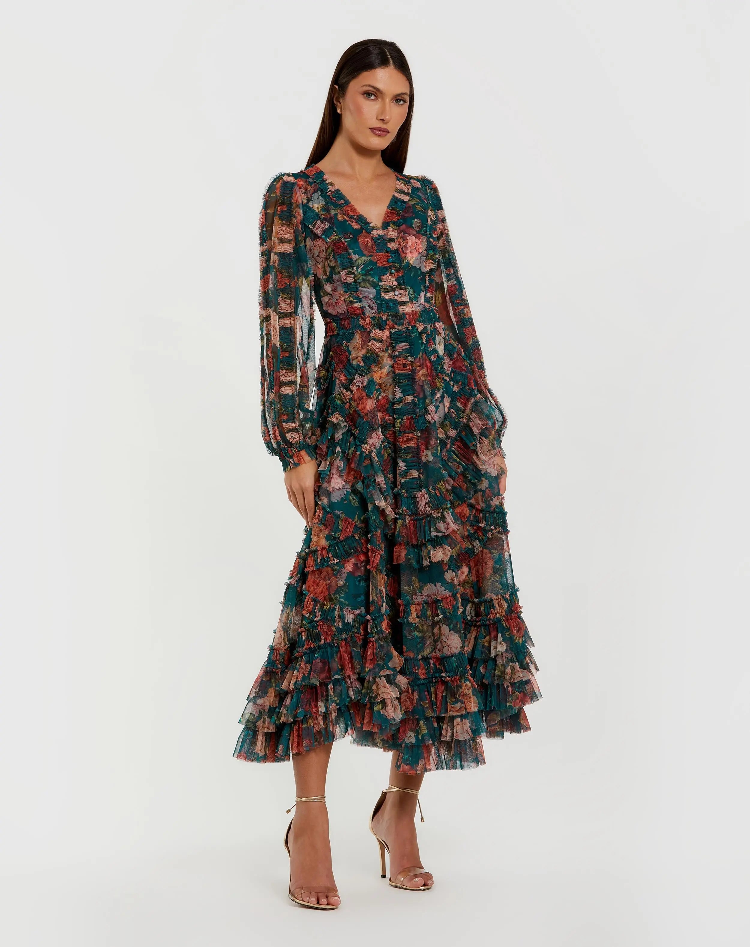 Teal Long Sleeve Floral Midi Dress With Ruffles-Myartka