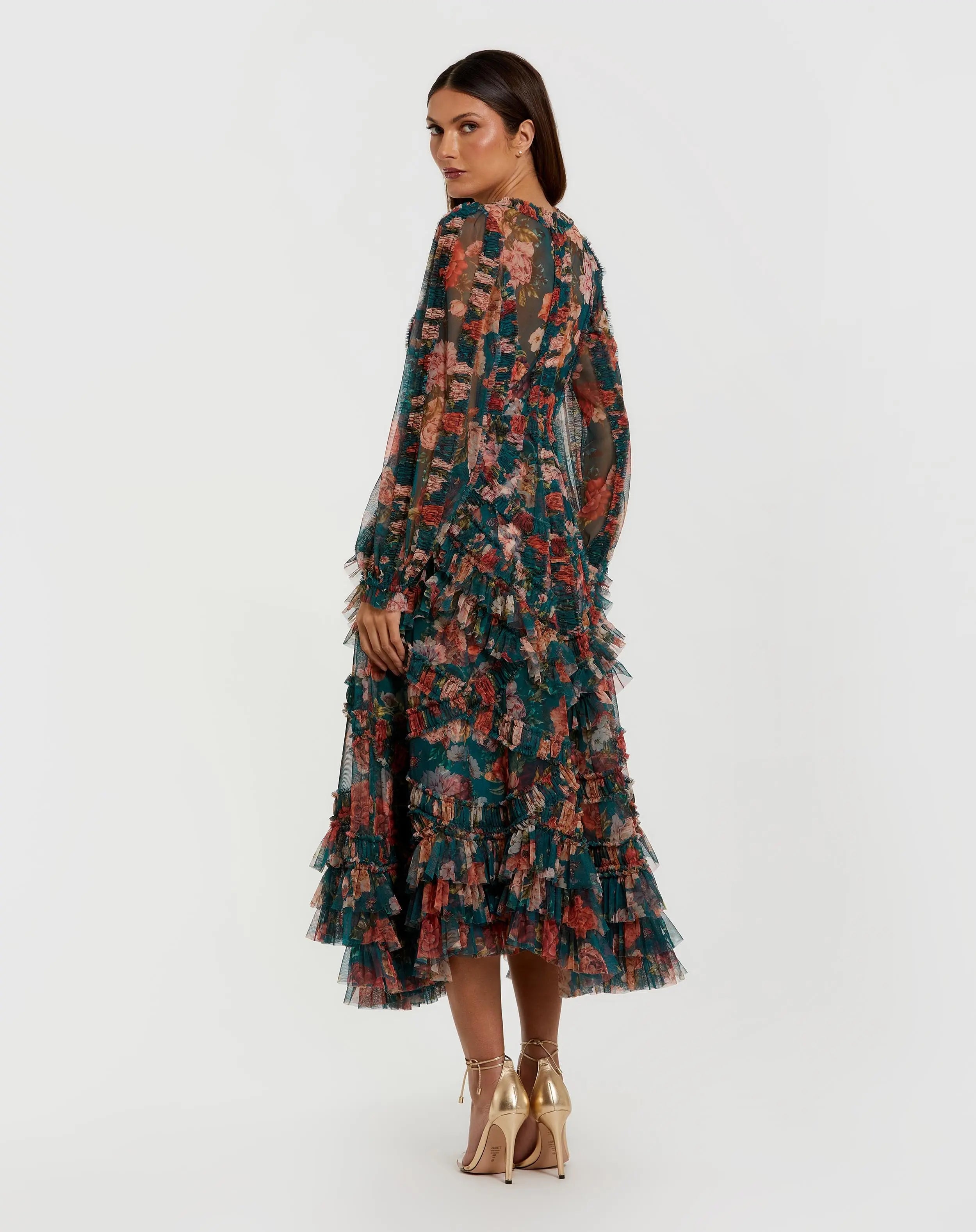 Teal Long Sleeve Floral Midi Dress With Ruffles-Myartka