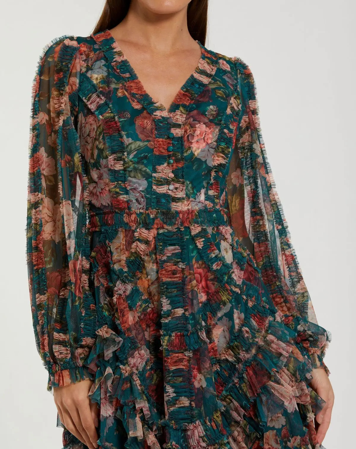 Teal Long Sleeve Floral Midi Dress With Ruffles-Myartka