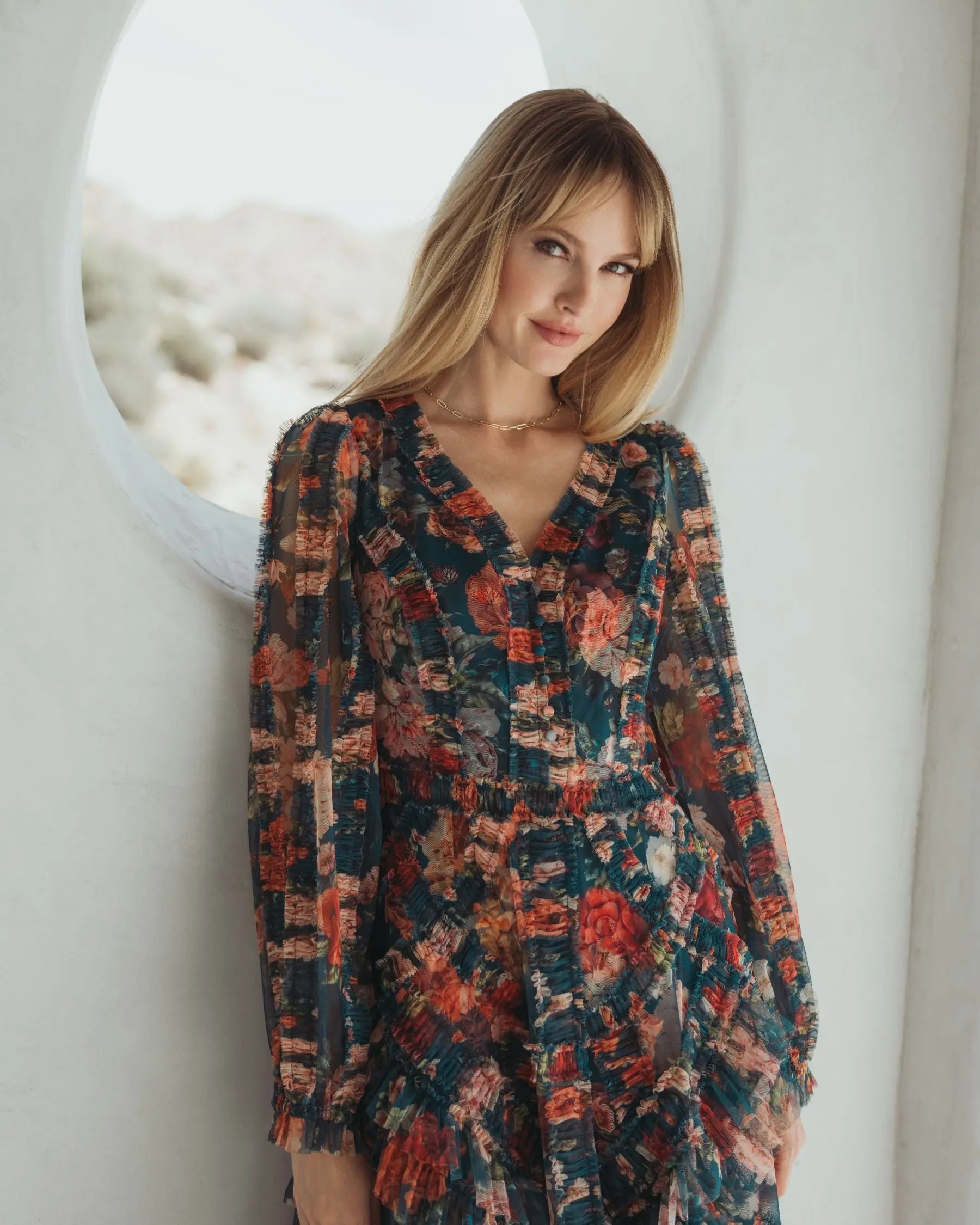 Teal Long Sleeve Floral Midi Dress With Ruffles-Myartka