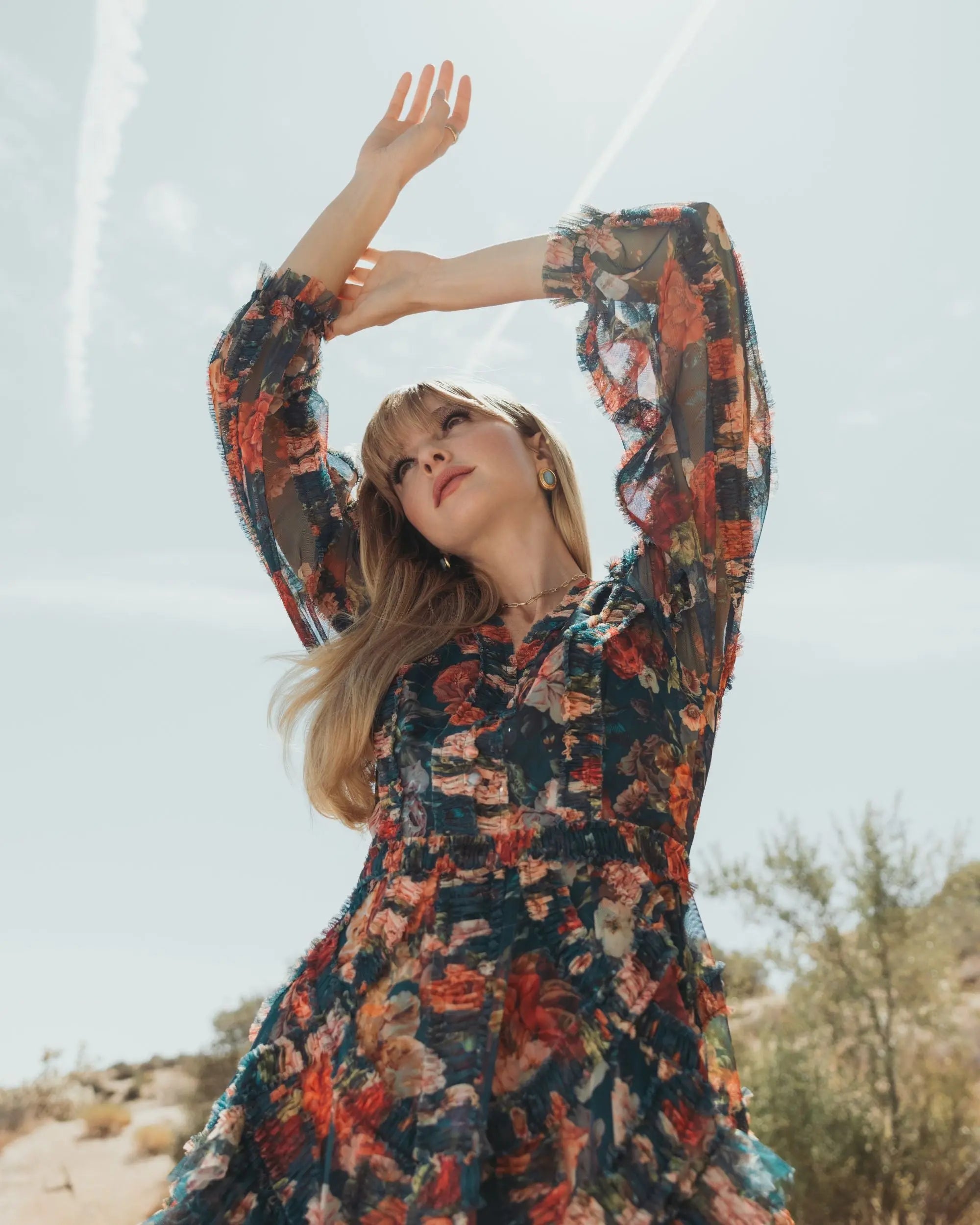 Teal Long Sleeve Floral Midi Dress With Ruffles-Myartka