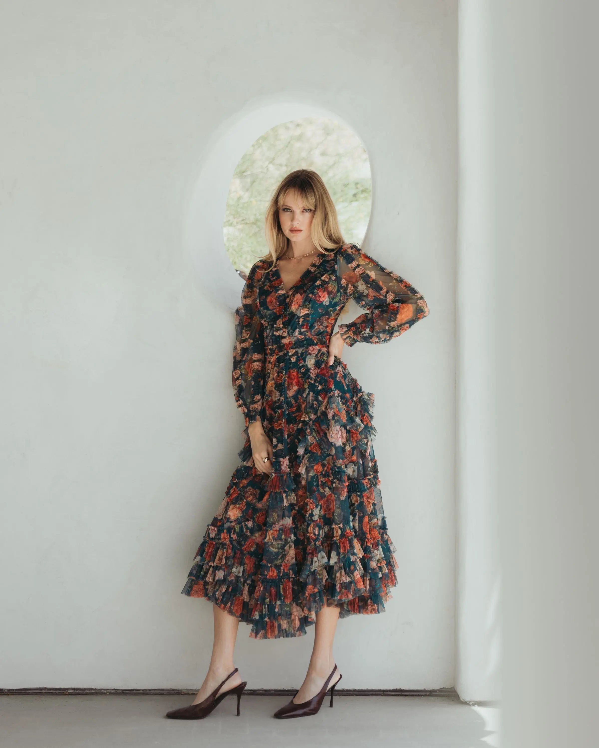 Teal Long Sleeve Floral Midi Dress With Ruffles-Myartka