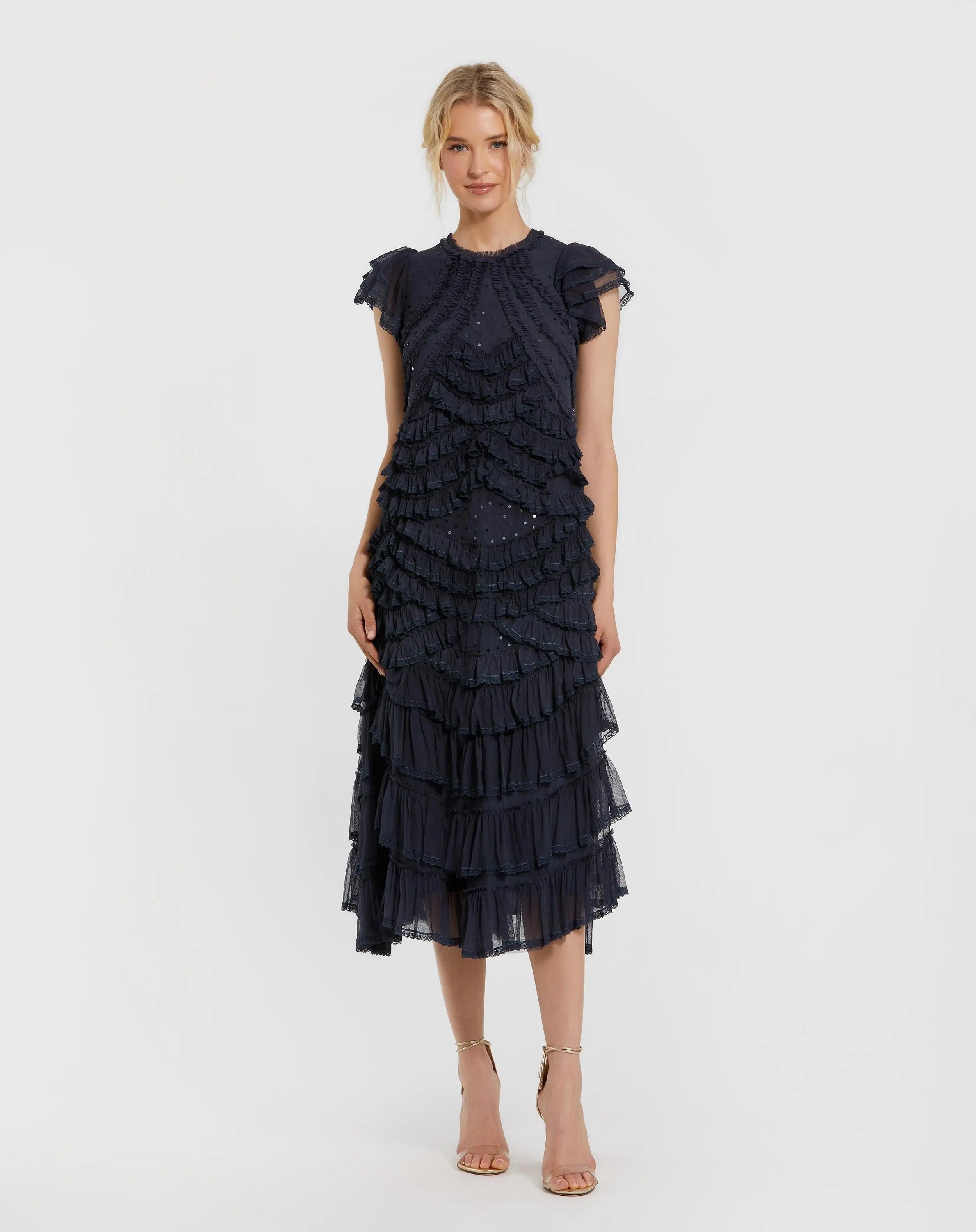 Navy High Neck Cap Sleeve Micro Ruffle Midi Dress-Myartka