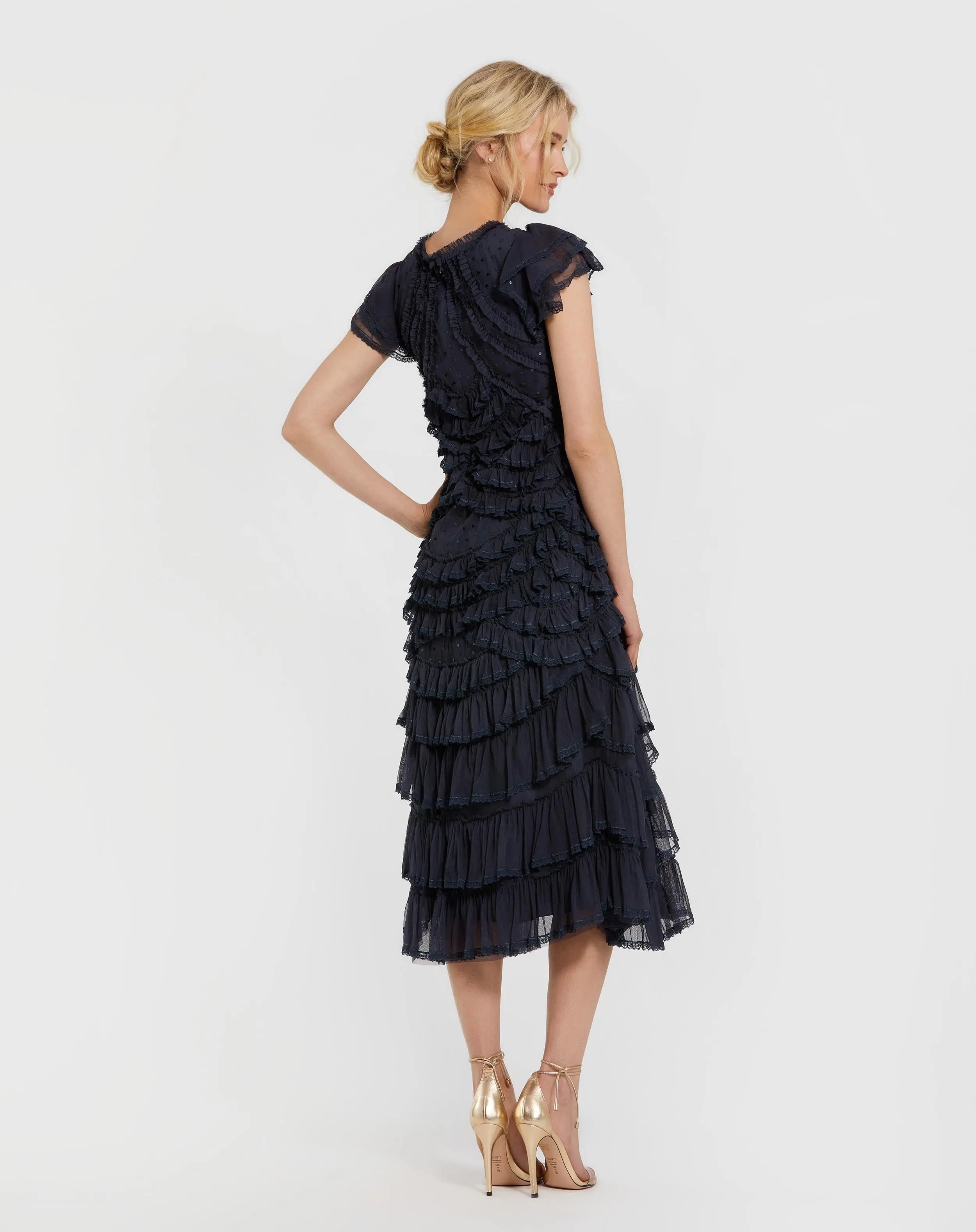 Navy High Neck Cap Sleeve Micro Ruffle Midi Dress-Myartka