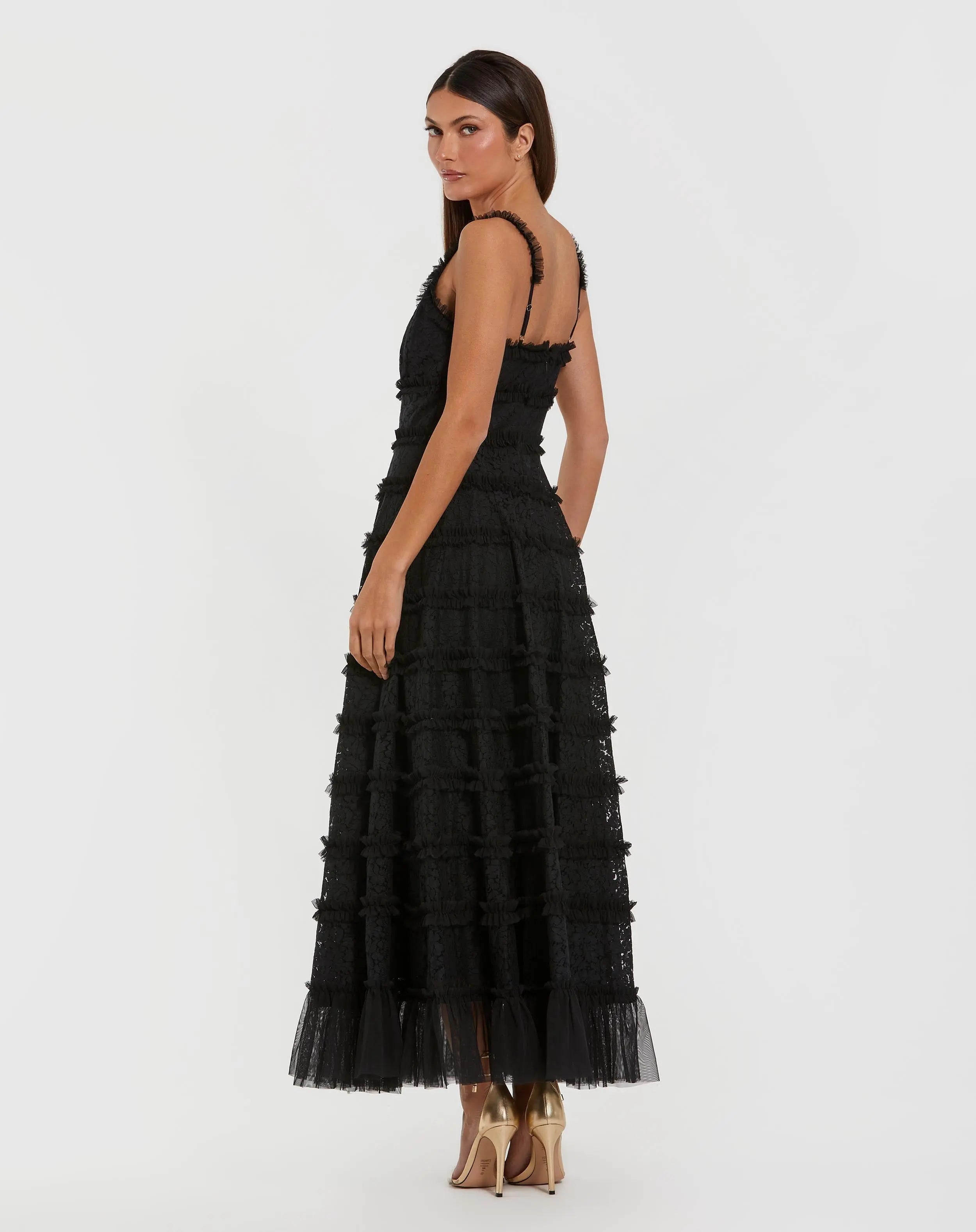 Black Sleeveless Lace A Line Midi Dress With Ruffles-Myartka