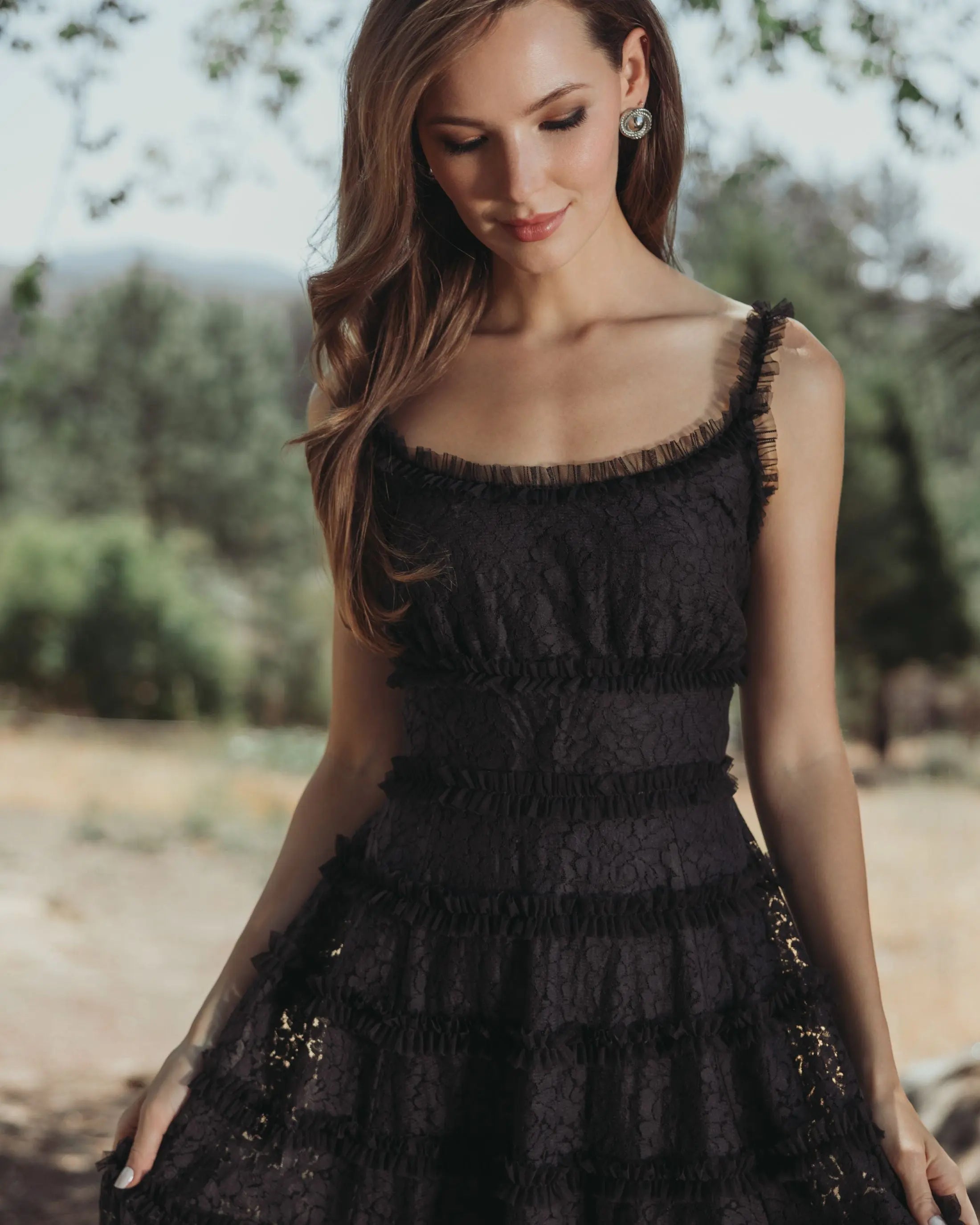 Black Sleeveless Lace A Line Midi Dress With Ruffles-Myartka