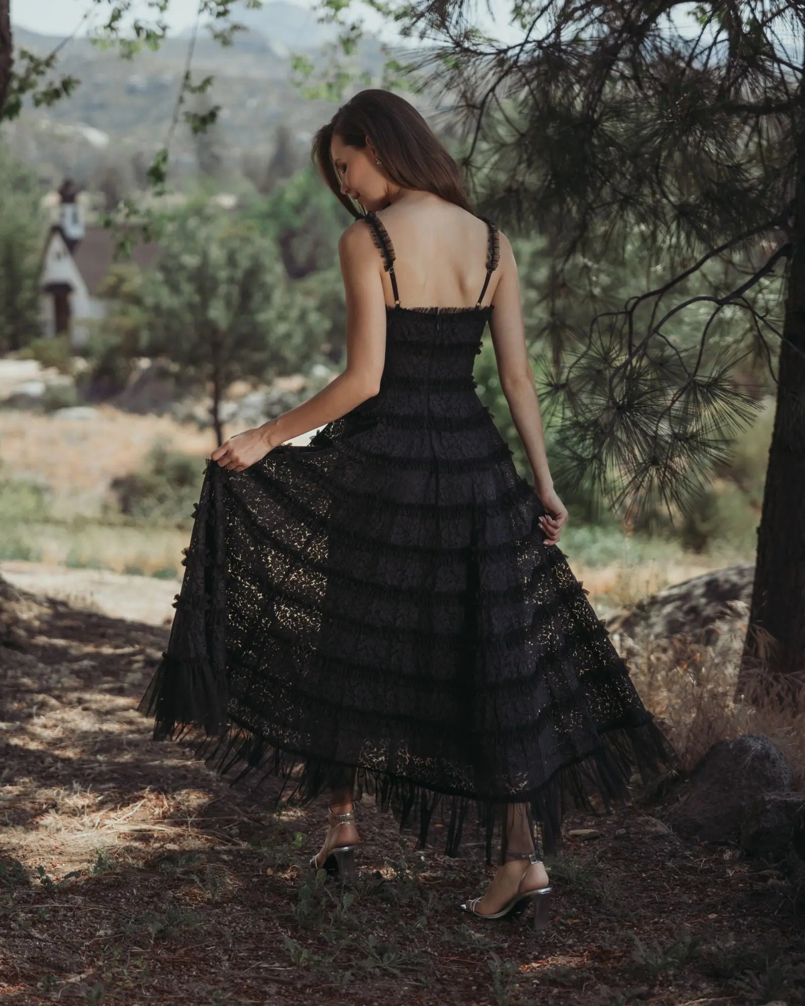 Black Sleeveless Lace A Line Midi Dress With Ruffles-Myartka