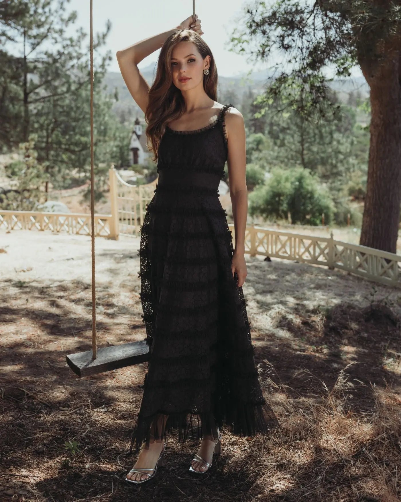 Black Sleeveless Lace A Line Midi Dress With Ruffles-Myartka