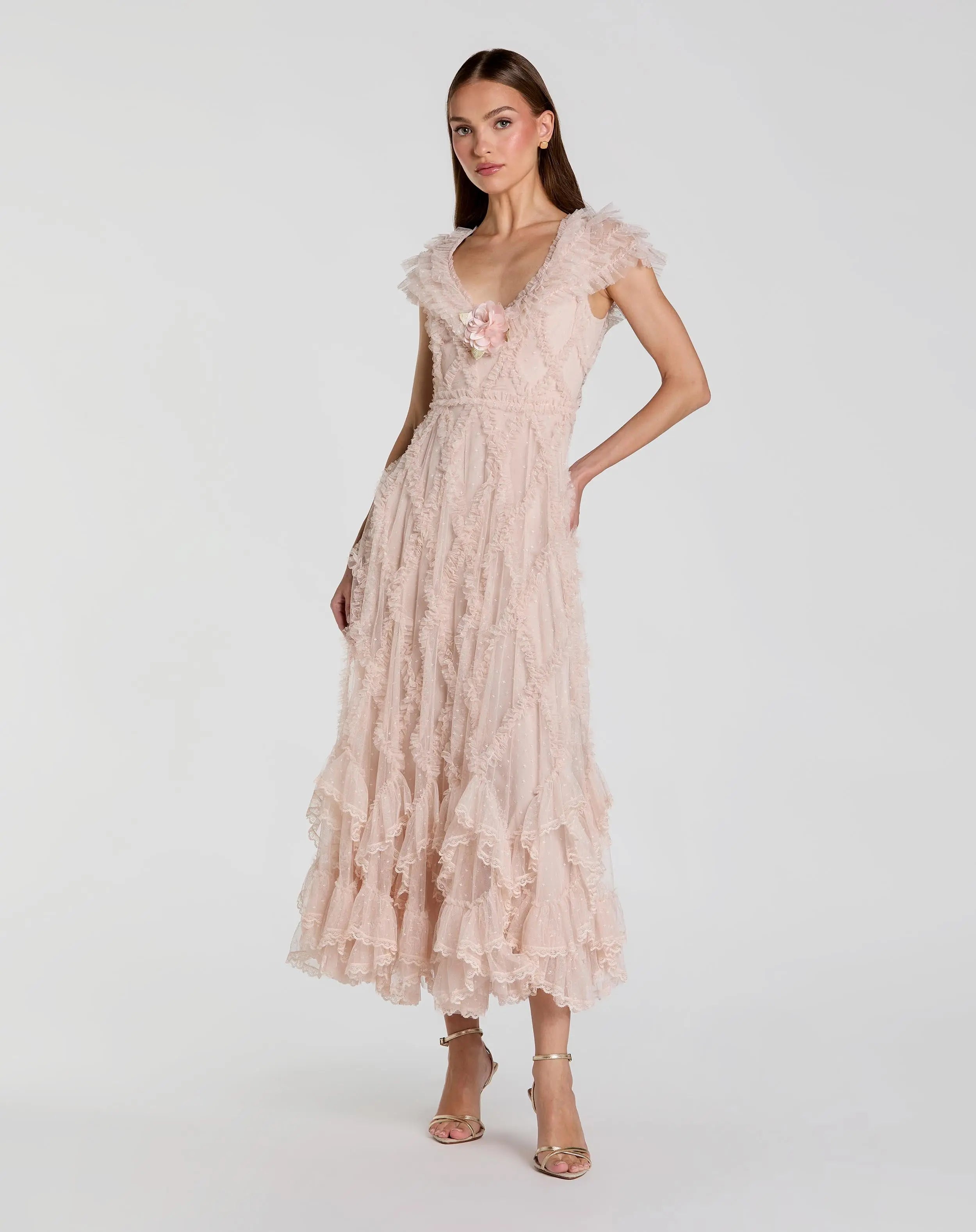 Pink Micro Ruffle Cap Sleeve A-Line Midi Dress-Myartka