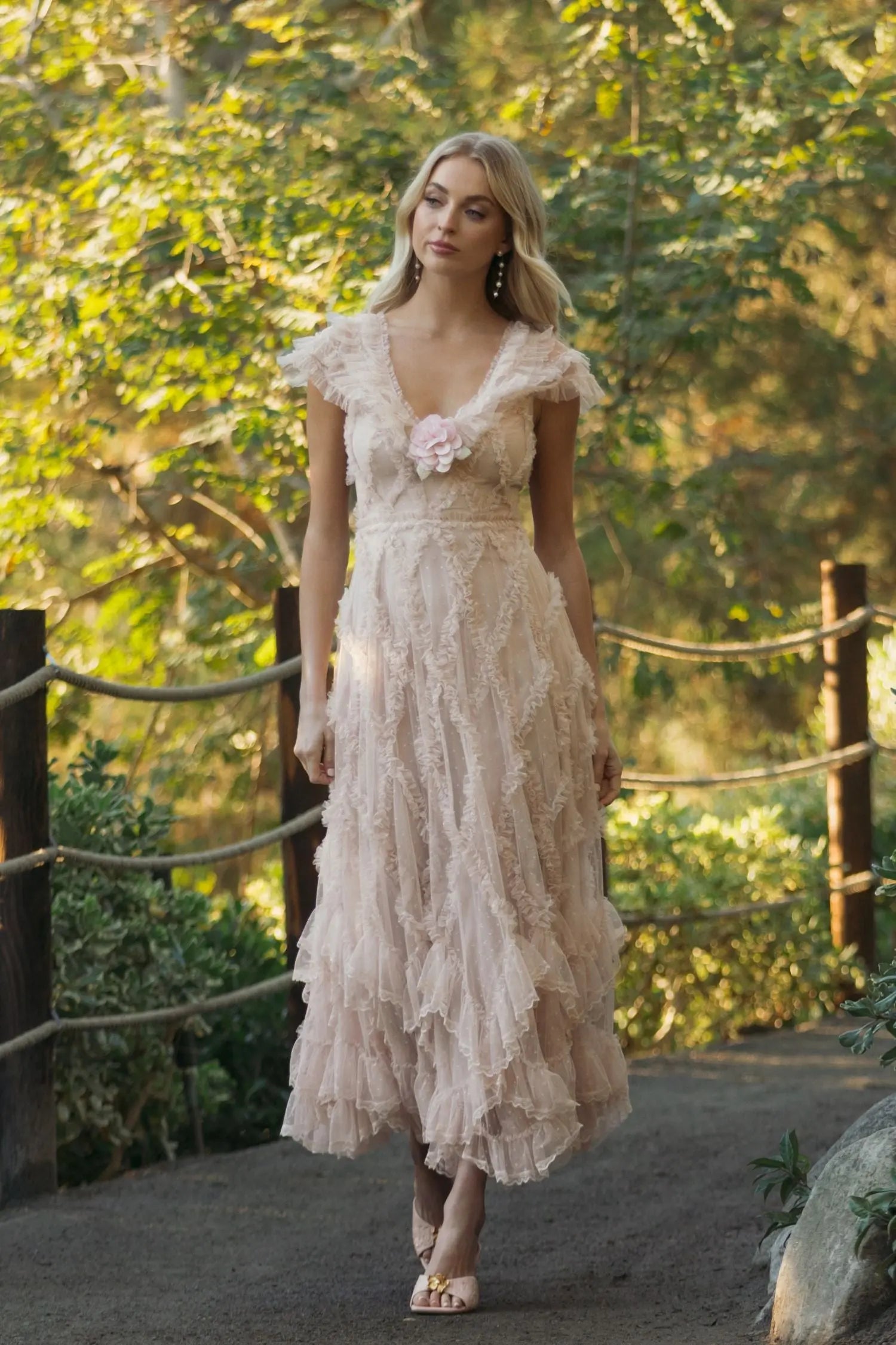 Pink Micro Ruffle Cap Sleeve A-Line Midi Dress-Myartka