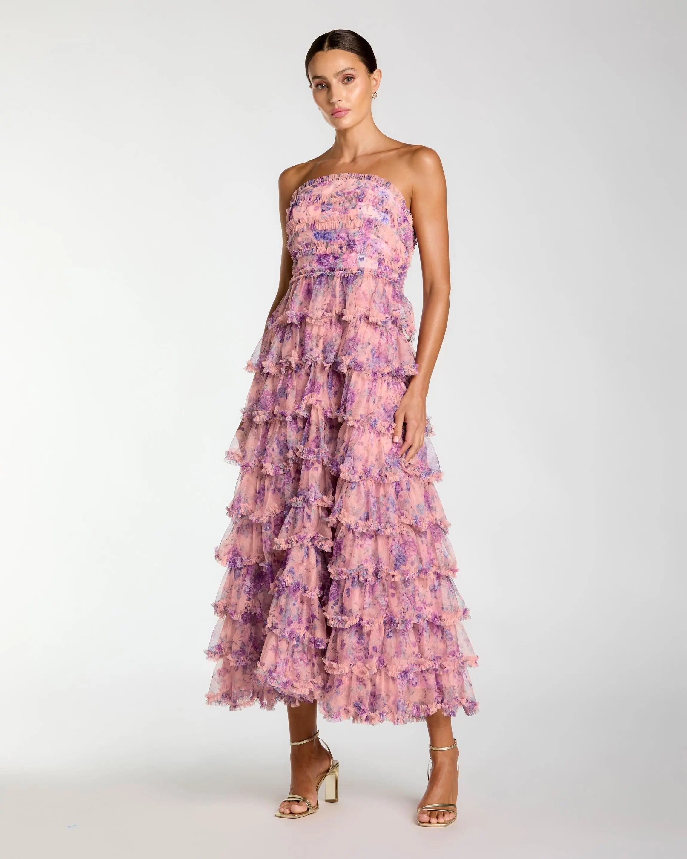 Pink Floral Ruffle Tiered Strapless Midi Dress-Myartka