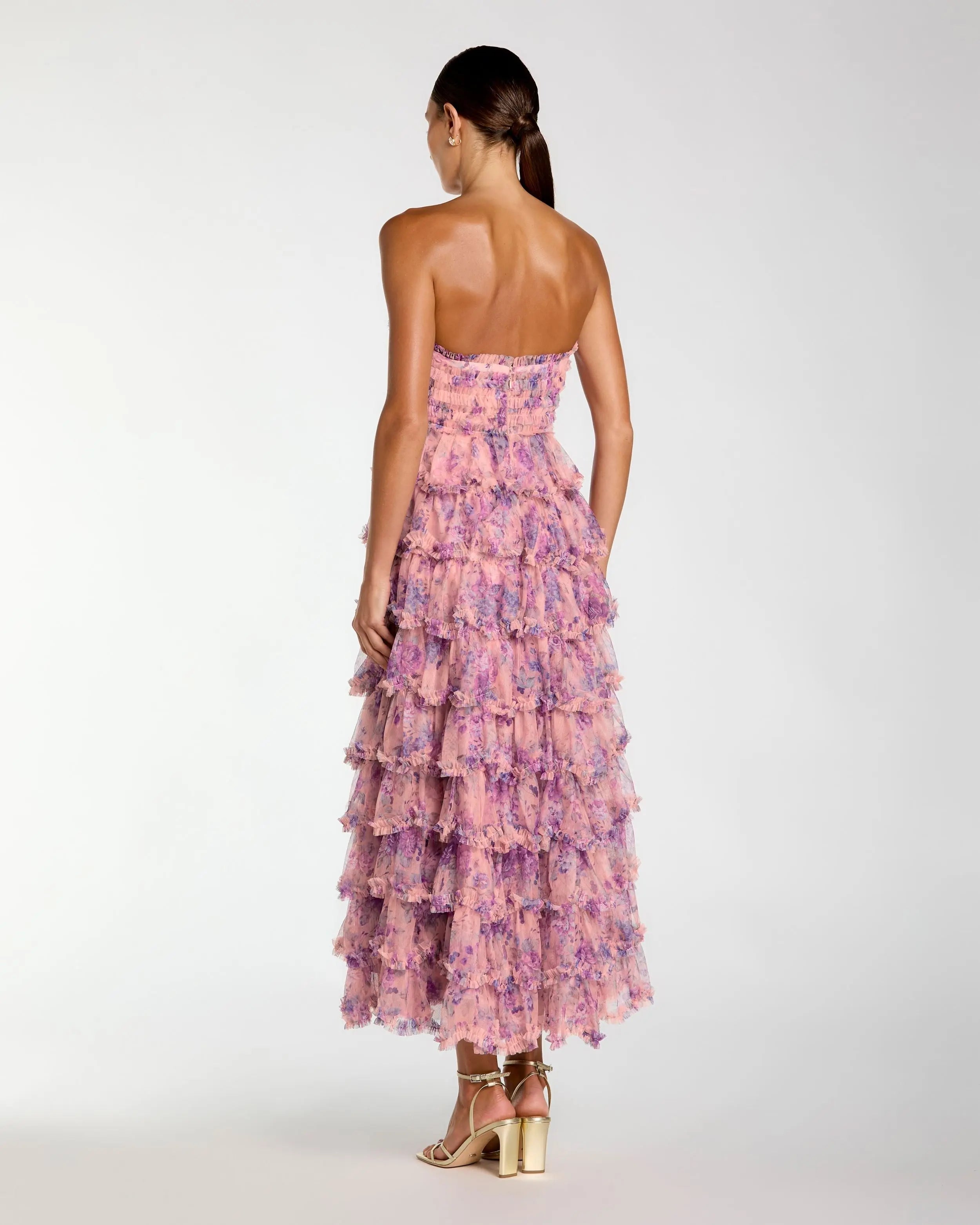 Pink Floral Ruffle Tiered Strapless Midi Dress-Myartka