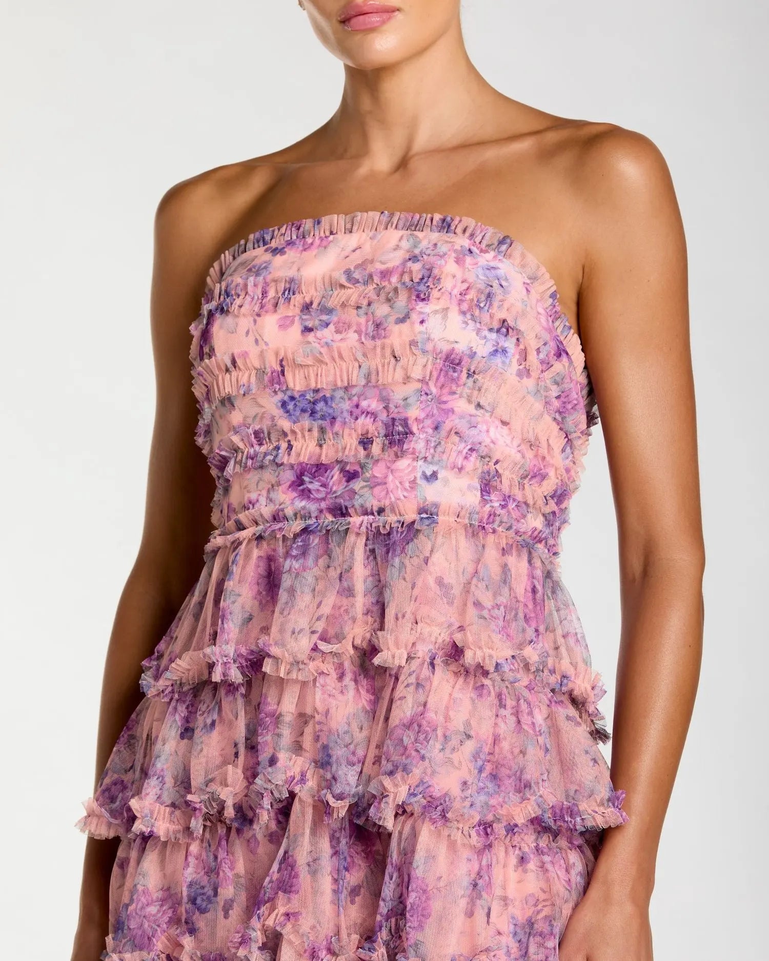 Pink Floral Ruffle Tiered Strapless Midi Dress-Myartka