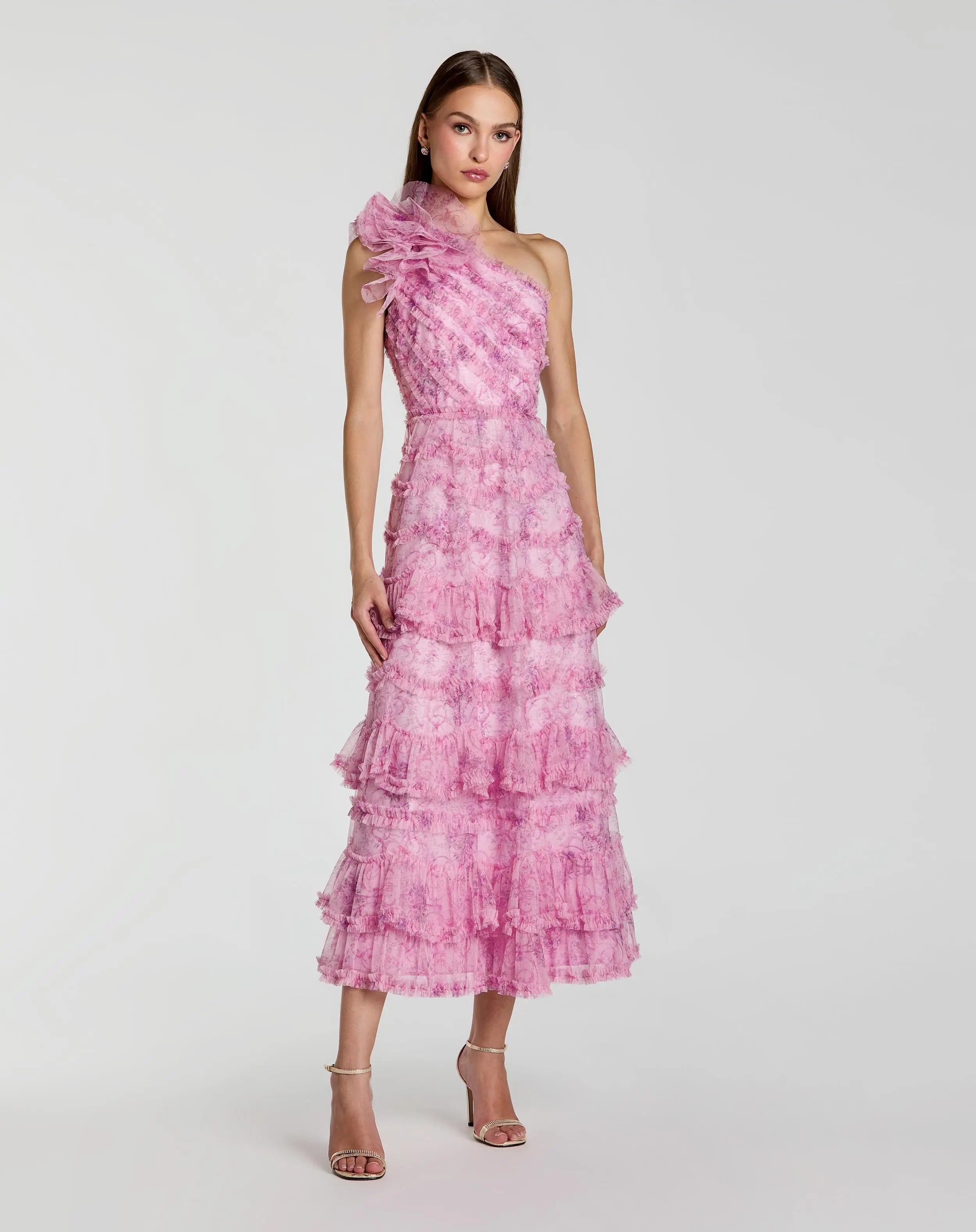 Pink Printed One Shoulder Ruffled A Line Midi Dress-Myartka