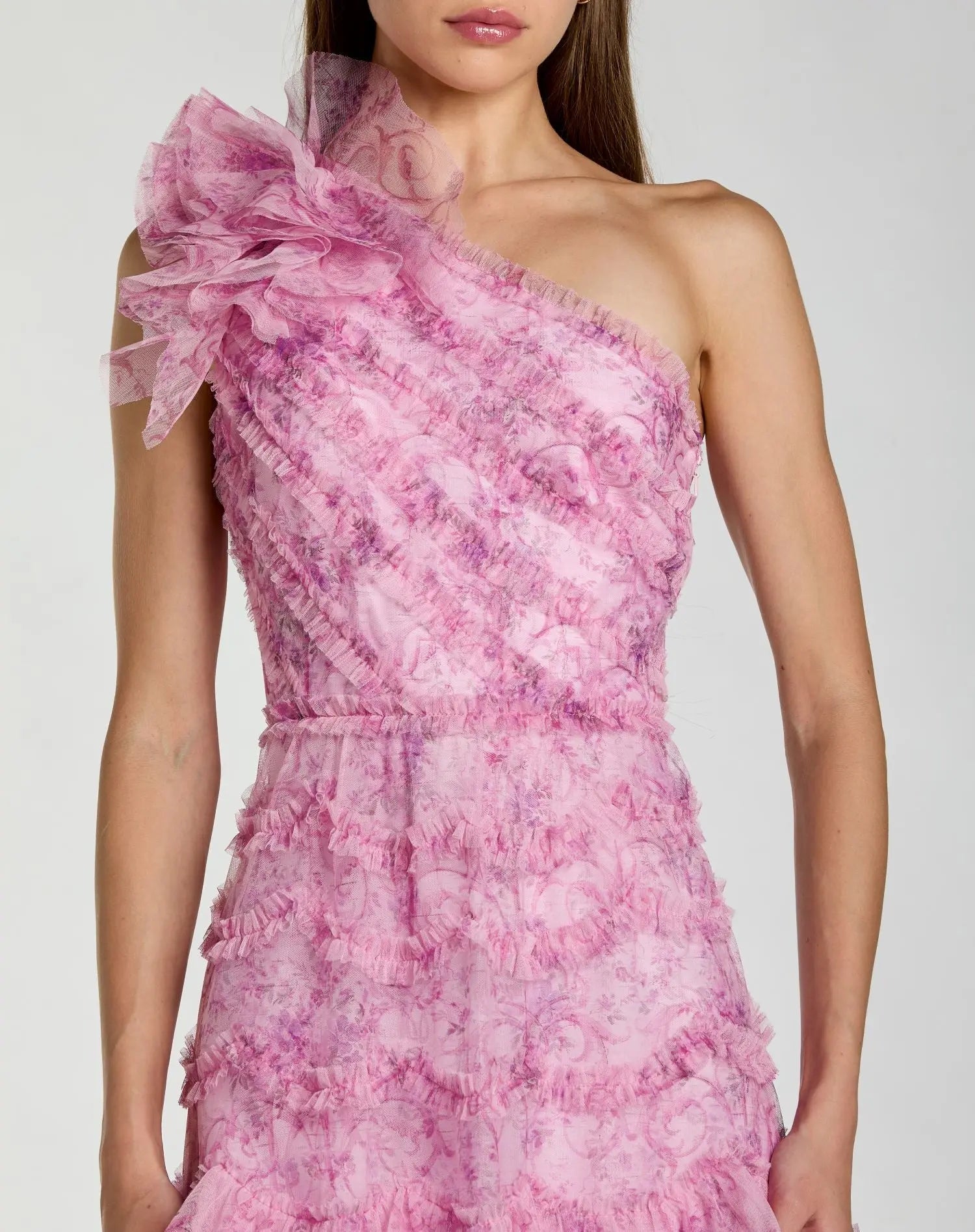 Pink Printed One Shoulder Ruffled A Line Midi Dress-Myartka