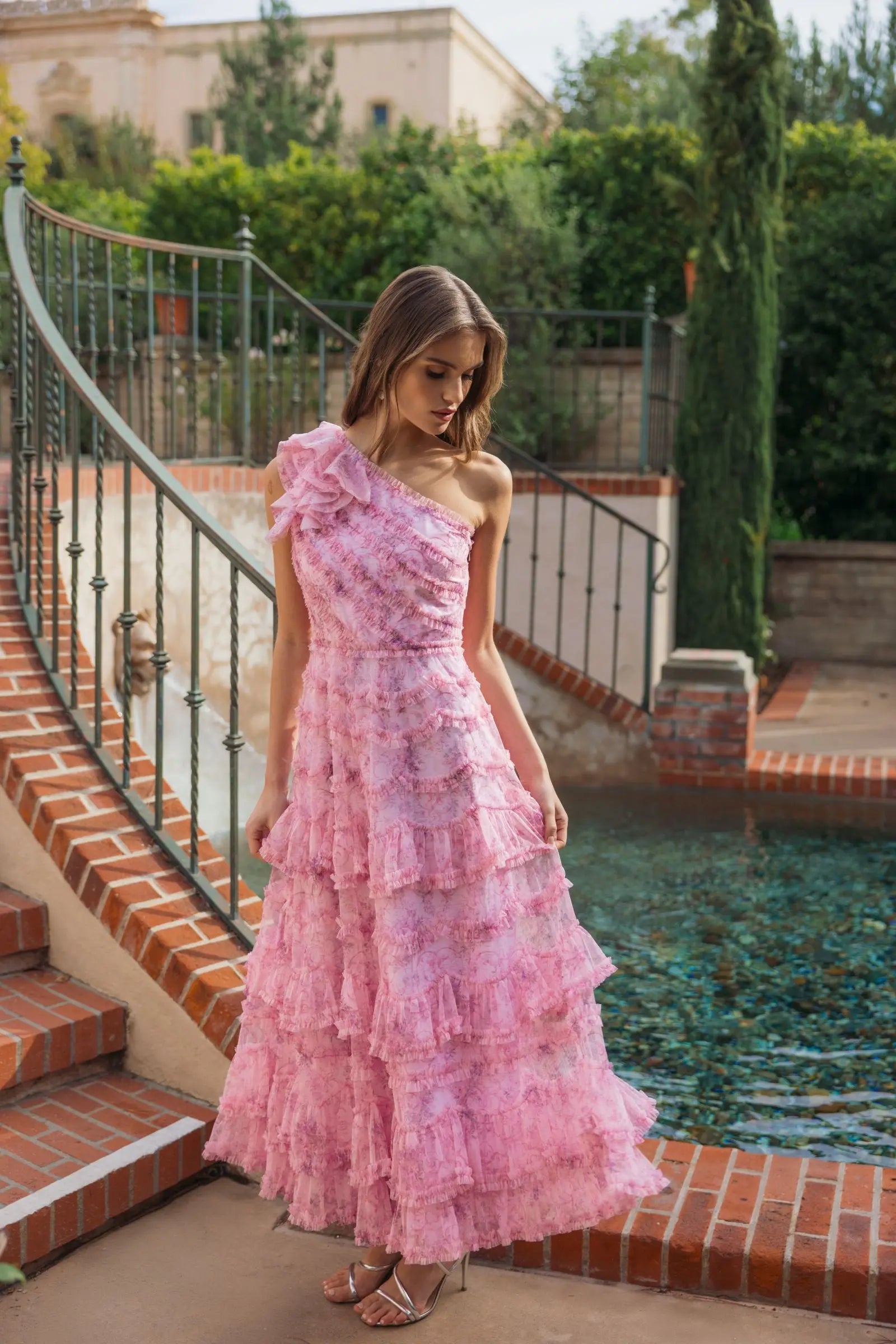 Pink Printed One Shoulder Ruffled A Line Midi Dress-Myartka