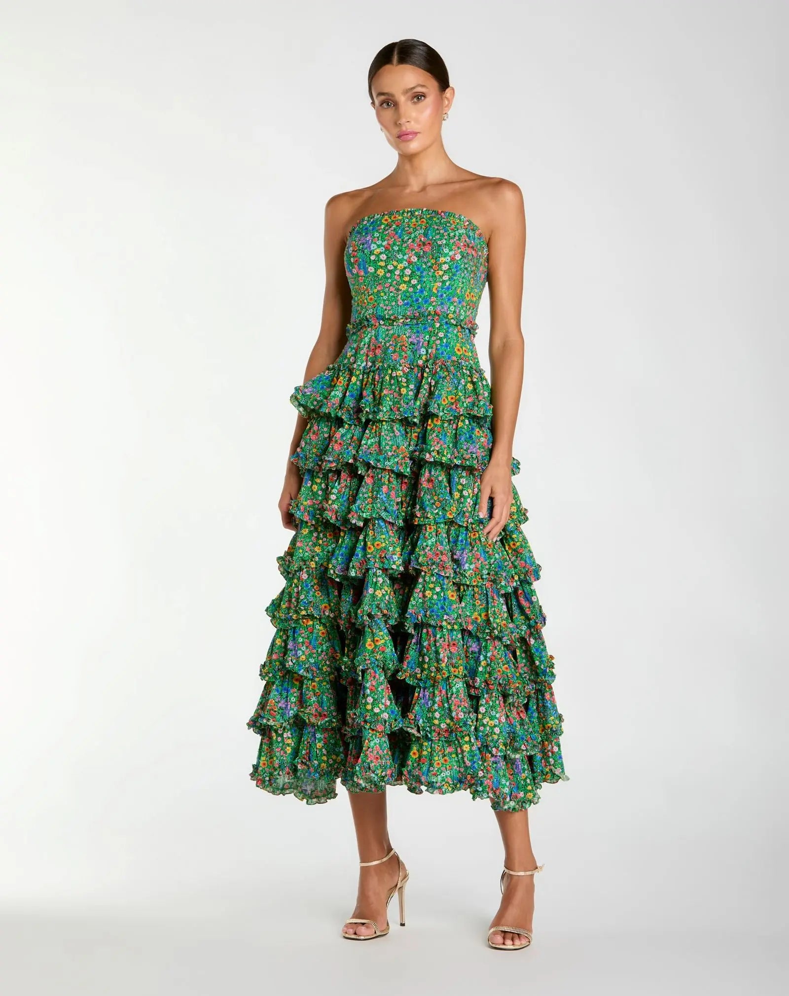 Green Strapless Floral Cotton Ruffle Midi Dress-Myartka