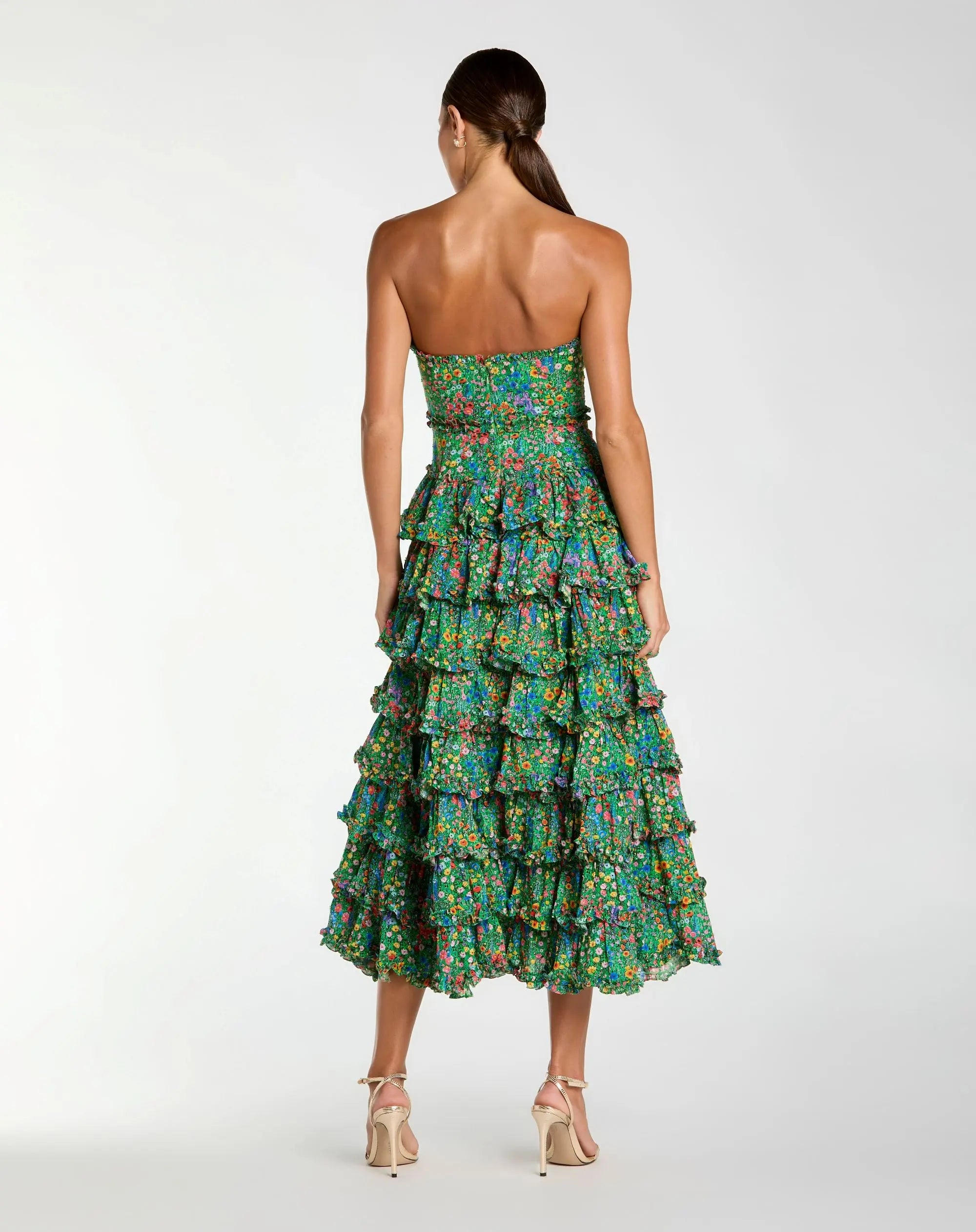 Green Strapless Floral Cotton Ruffle Midi Dress-Myartka