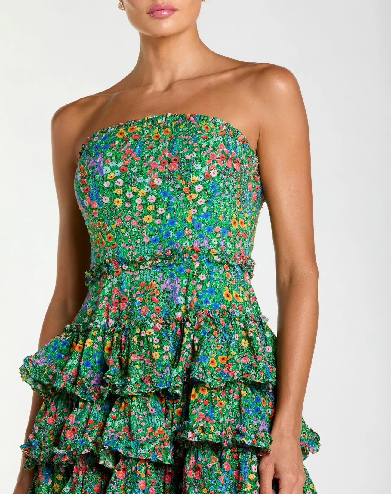 Green Strapless Floral Cotton Ruffle Midi Dress-Myartka