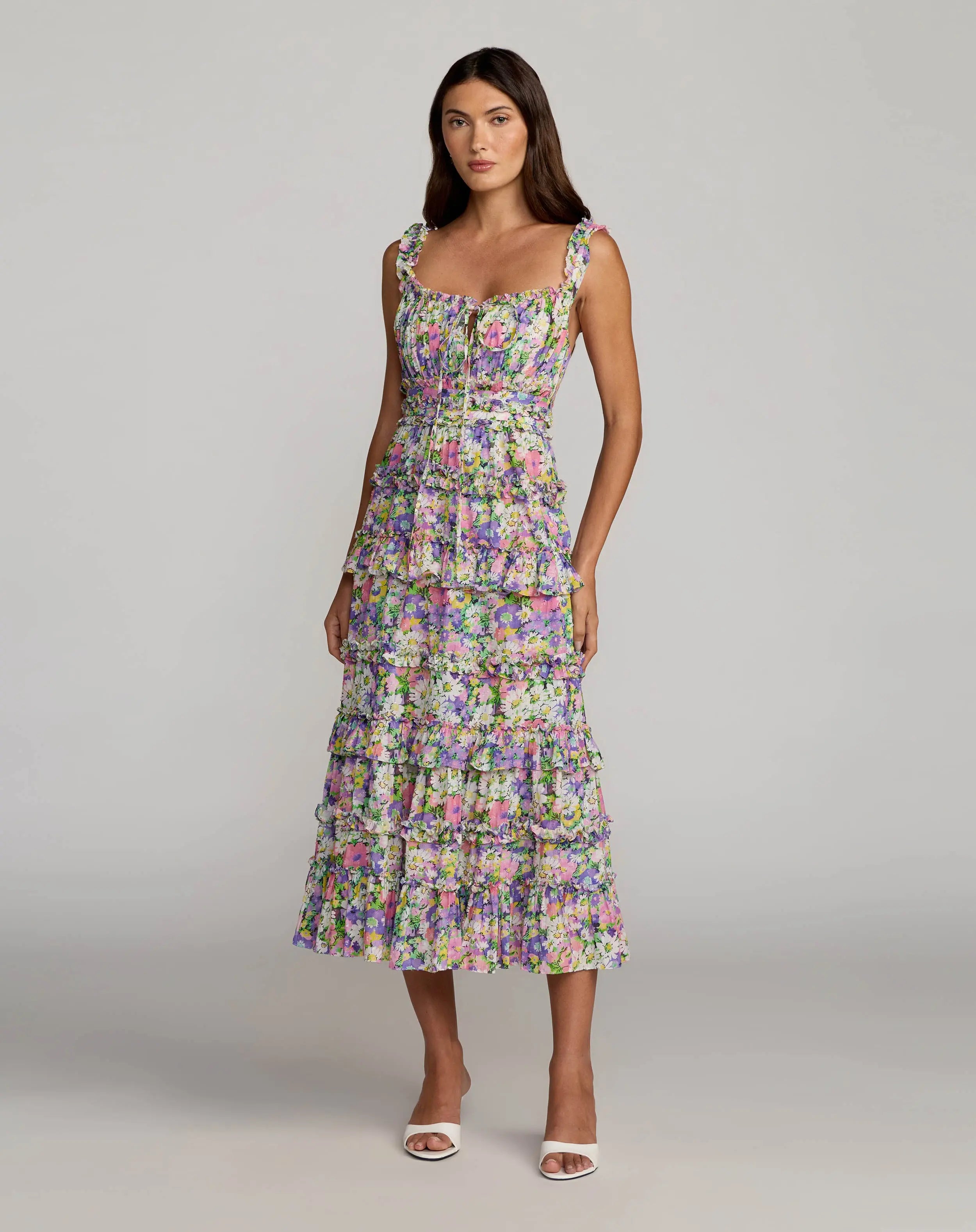 Multicolor Floral Ruffle A-Line Cotton Midi Dress-Myartka
