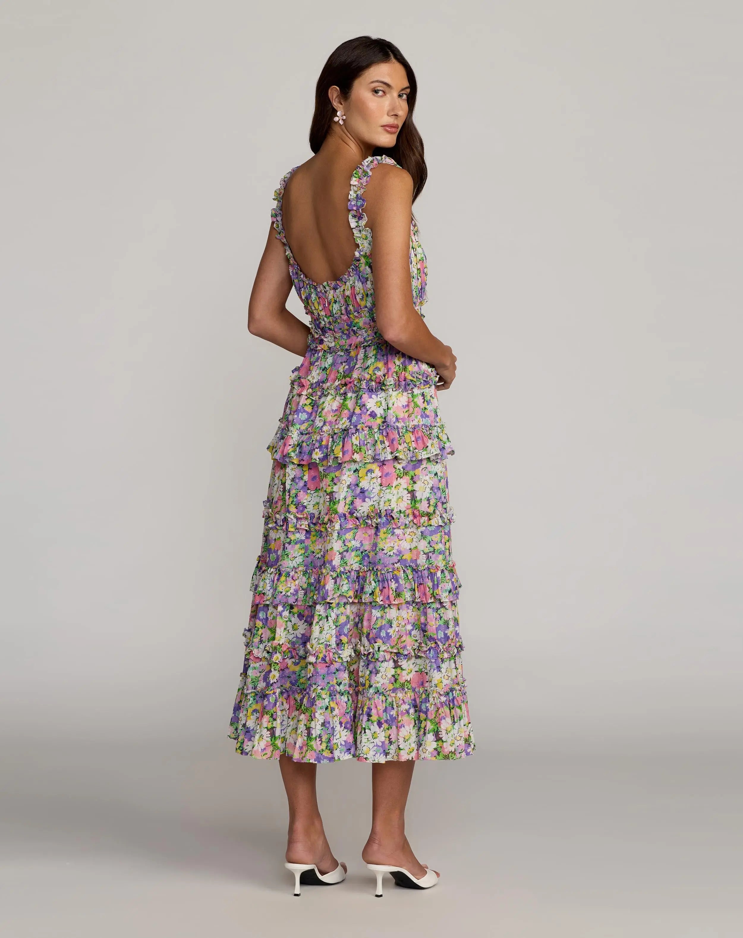 Multicolor Floral Ruffle A-Line Cotton Midi Dress-Myartka