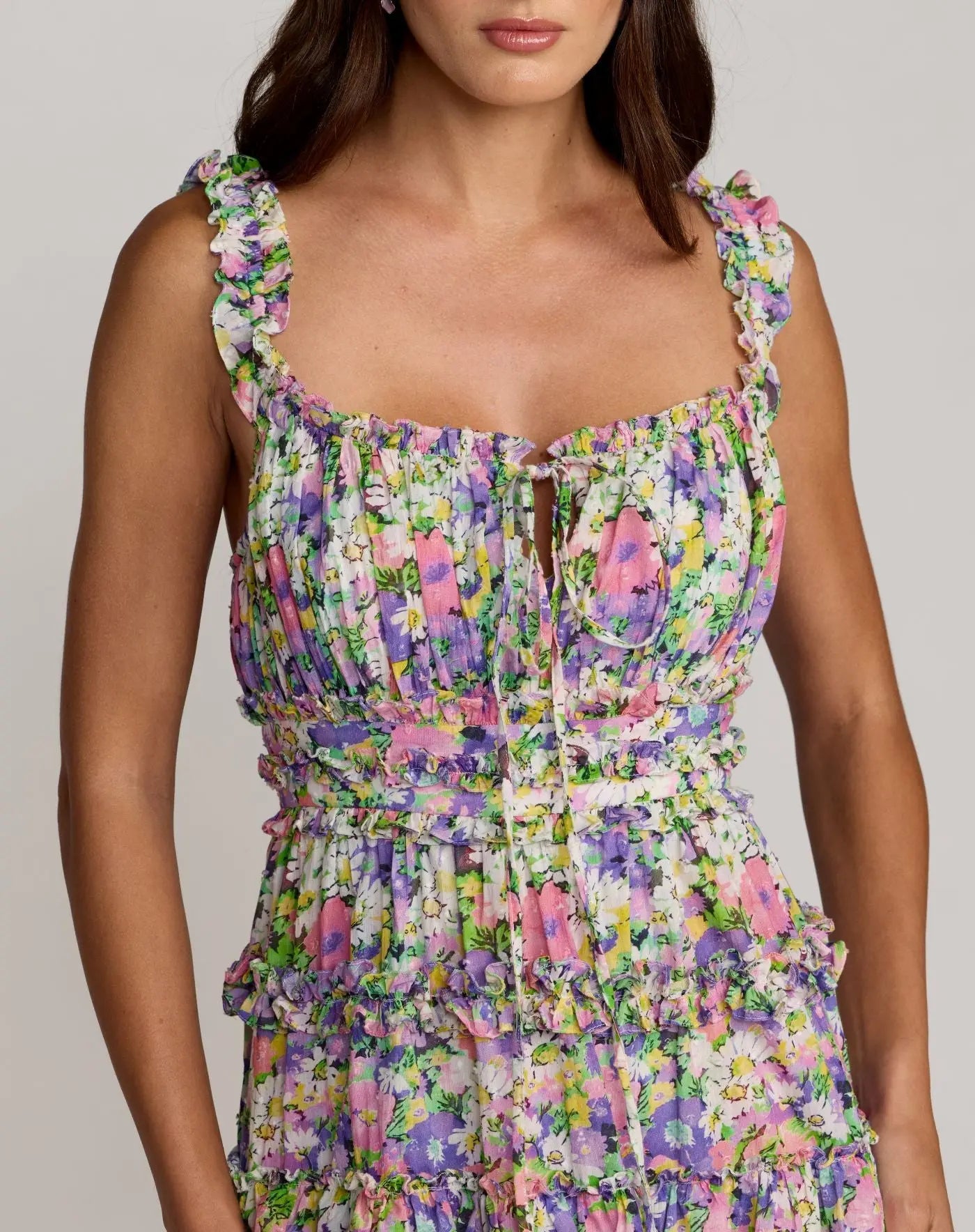 Multicolor Floral Ruffle A-Line Cotton Midi Dress-Myartka