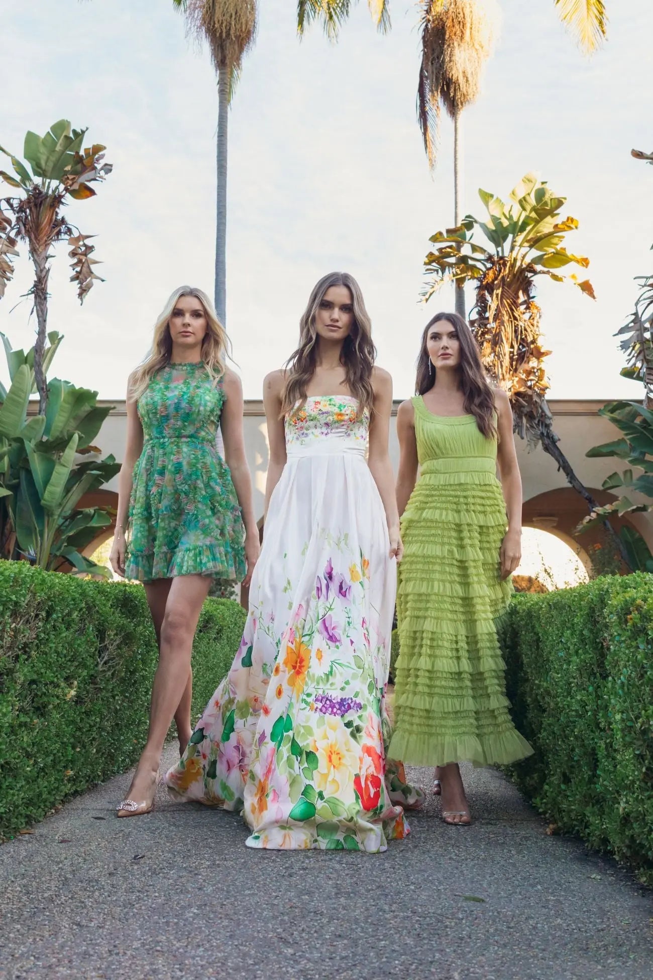 White Floral Print Strapless Satin A Line Gown With Pockets-Myartka