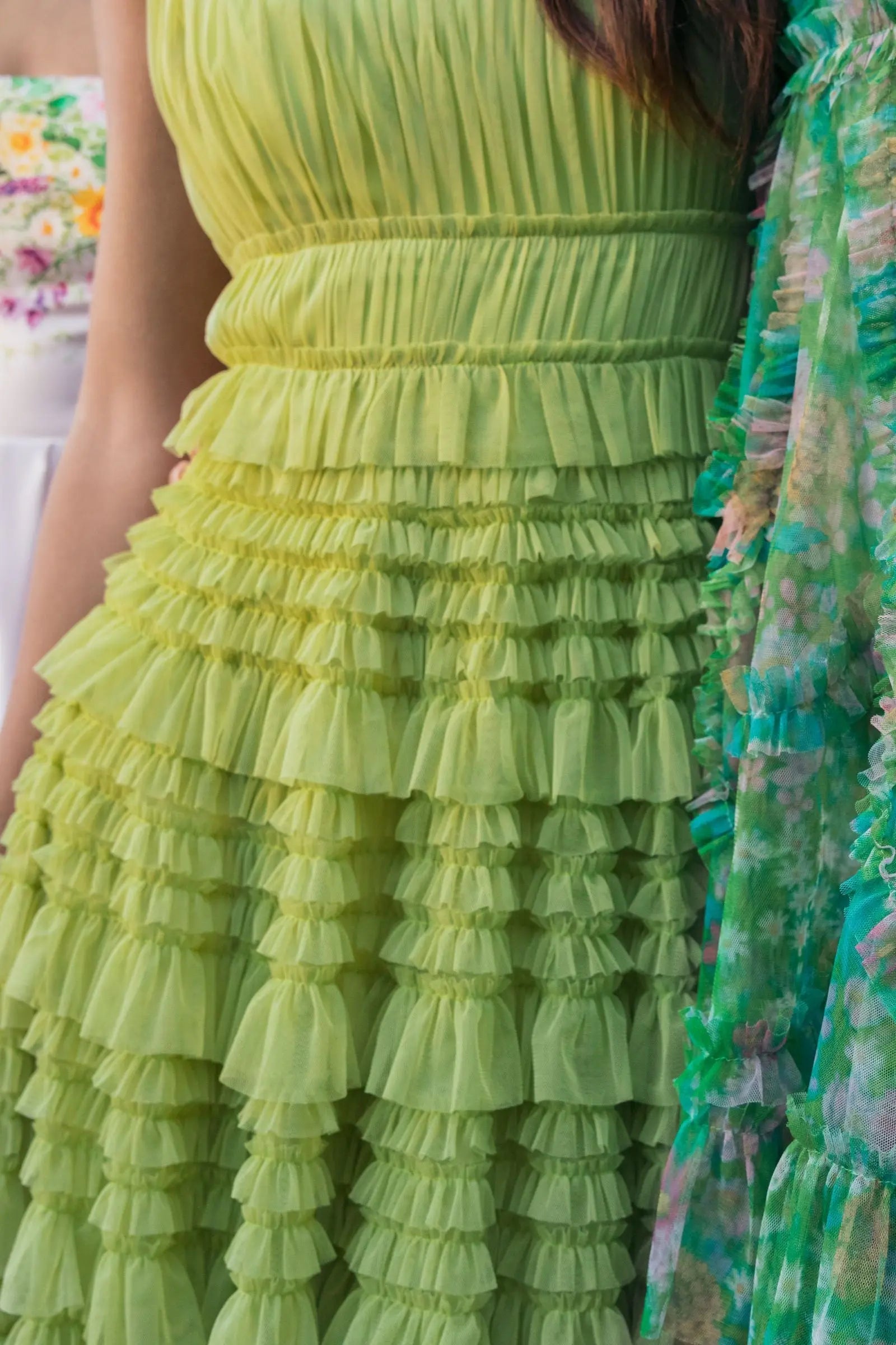 Green Micro Ruffle Sleeveless Scoop Neck Maxi Dress-Myartka