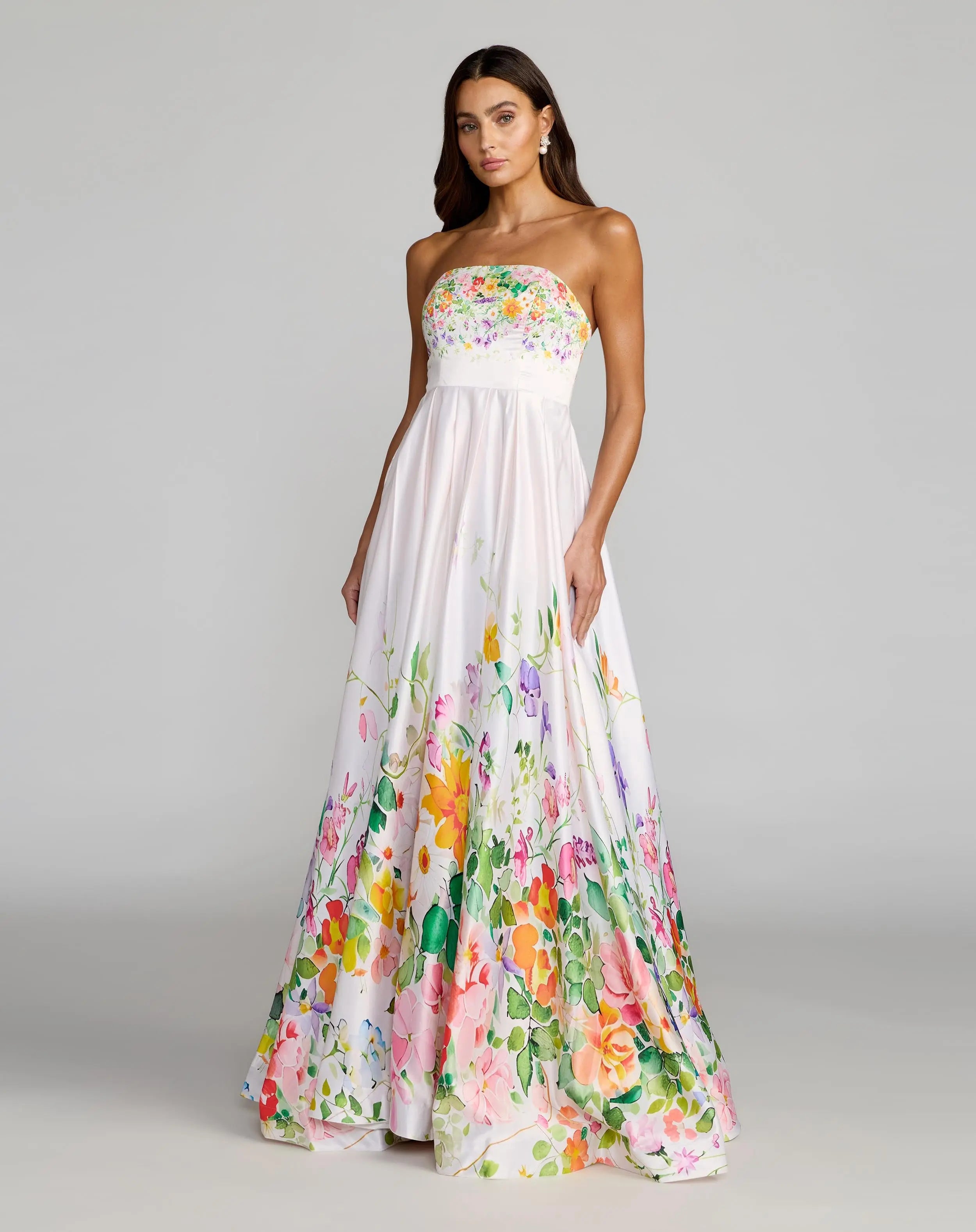 White Floral Print Strapless Satin A Line Gown With Pockets-Myartka