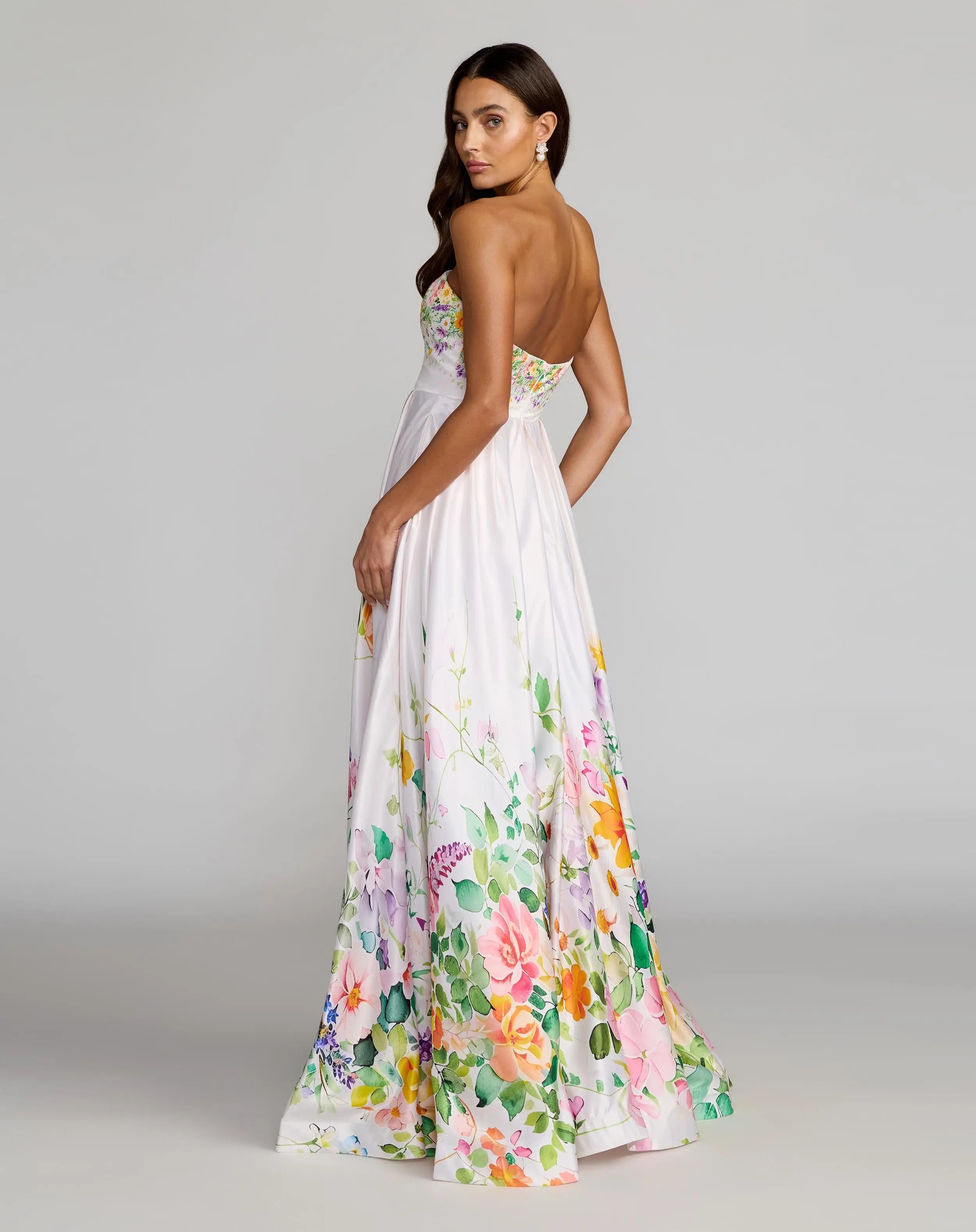 White Floral Print Strapless Satin A Line Gown With Pockets-Myartka