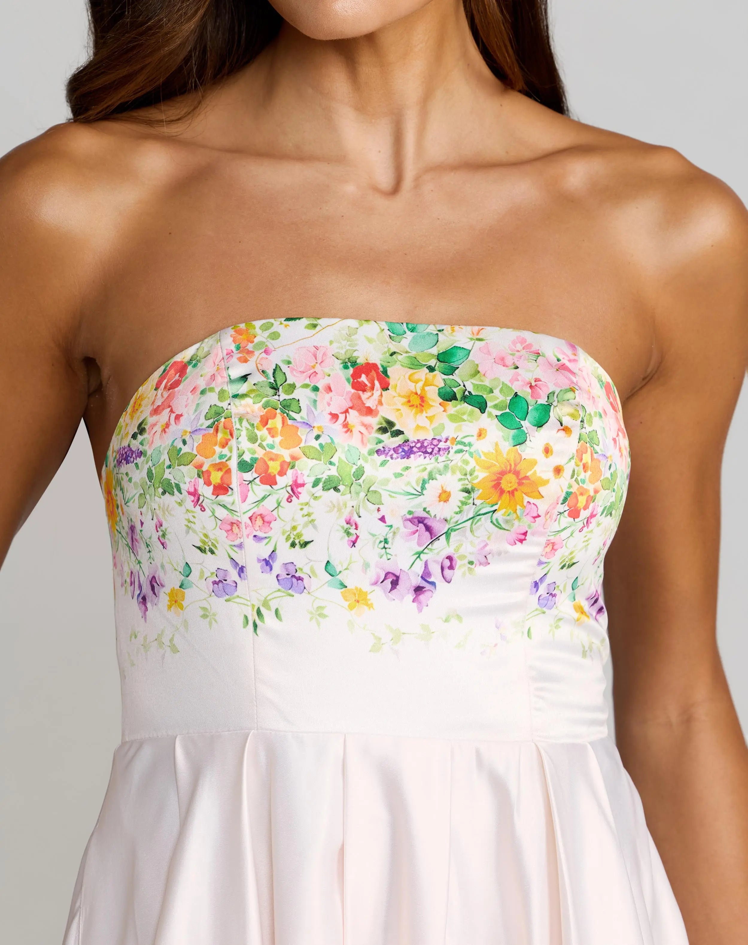 White Floral Print Strapless Satin A Line Gown With Pockets-Myartka