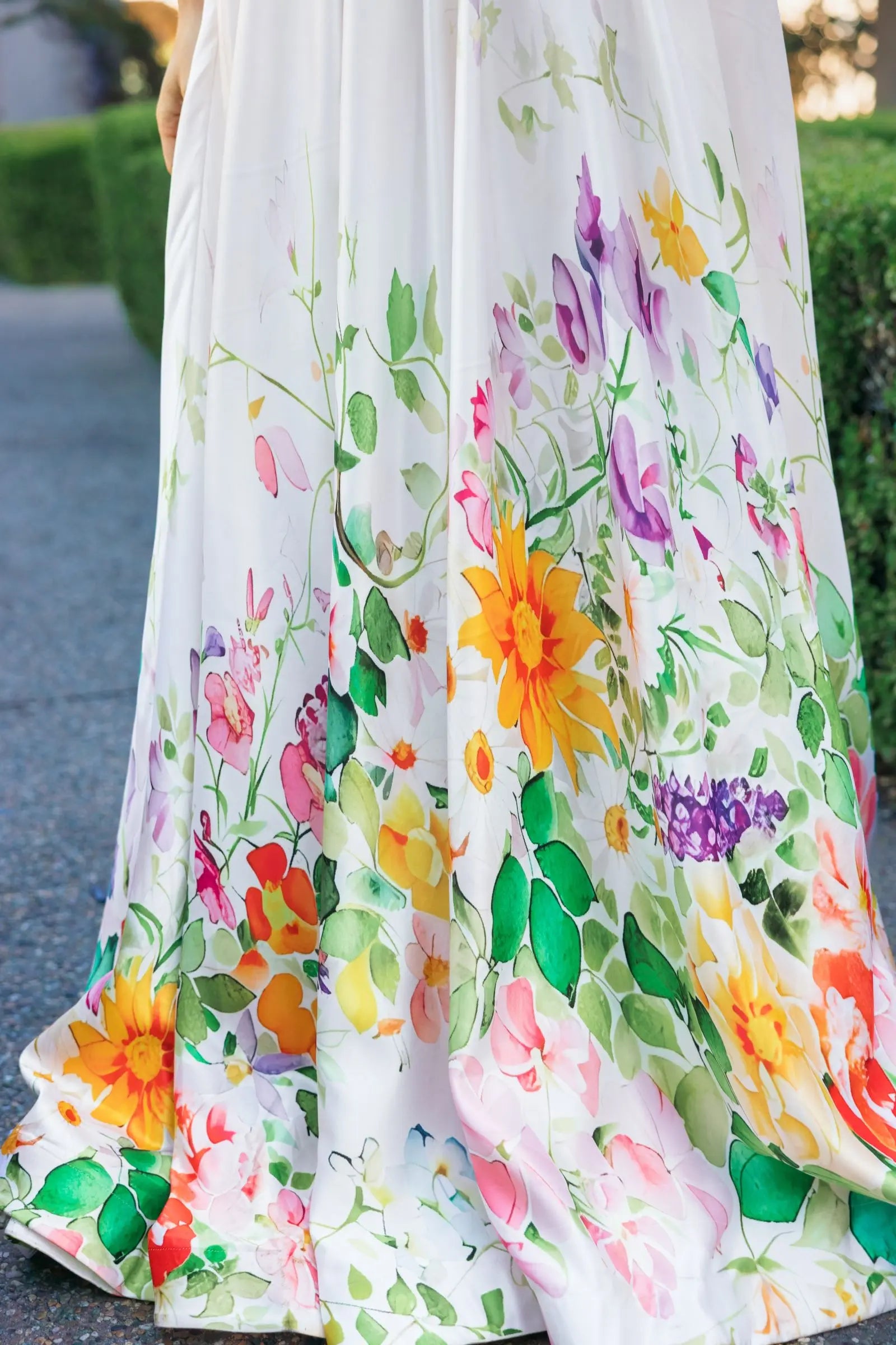 White Floral Print Strapless Satin A Line Gown With Pockets-Myartka