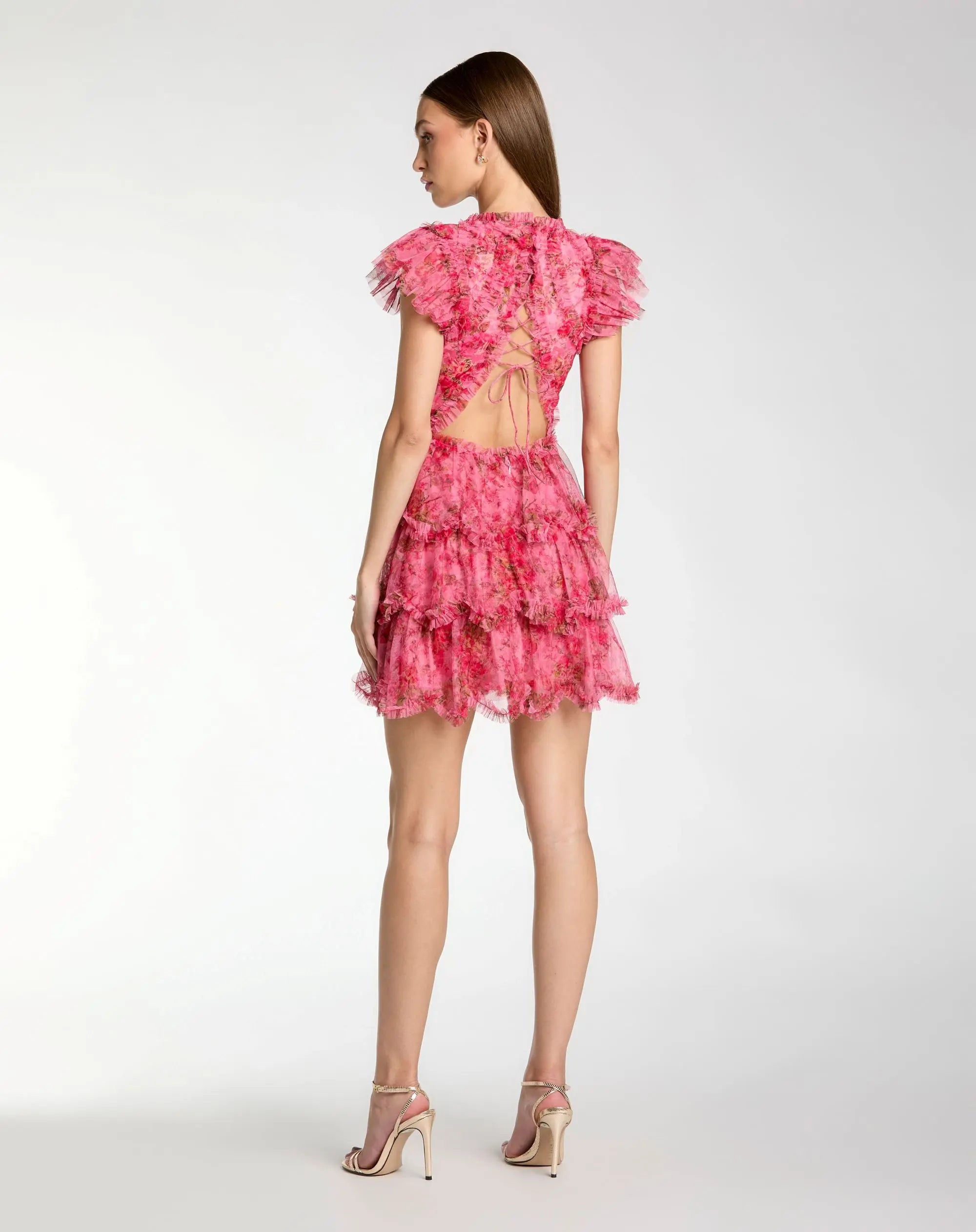 Pink Floral High Neck Cap Sleeve Ruffle Mini Dress-Myartka