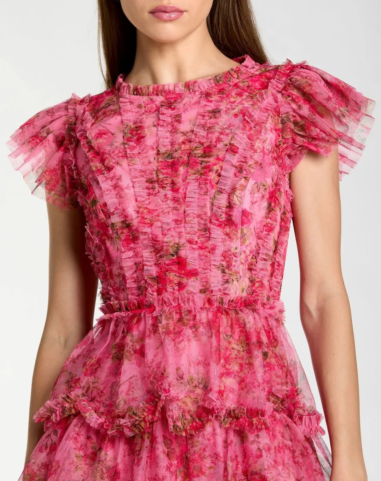 Pink Floral High Neck Cap Sleeve Ruffle Mini Dress-Myartka