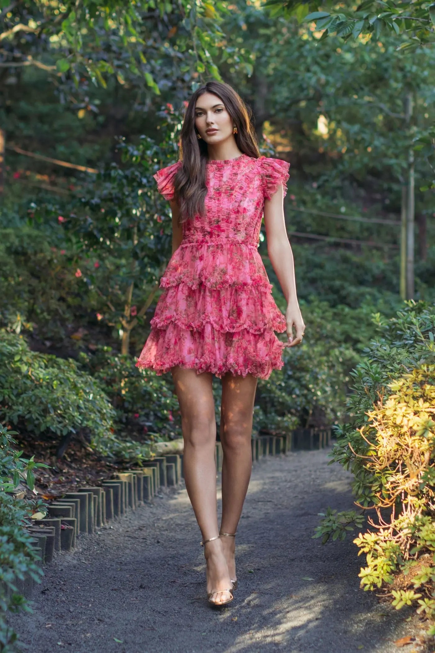 Pink Floral High Neck Cap Sleeve Ruffle Mini Dress-Myartka