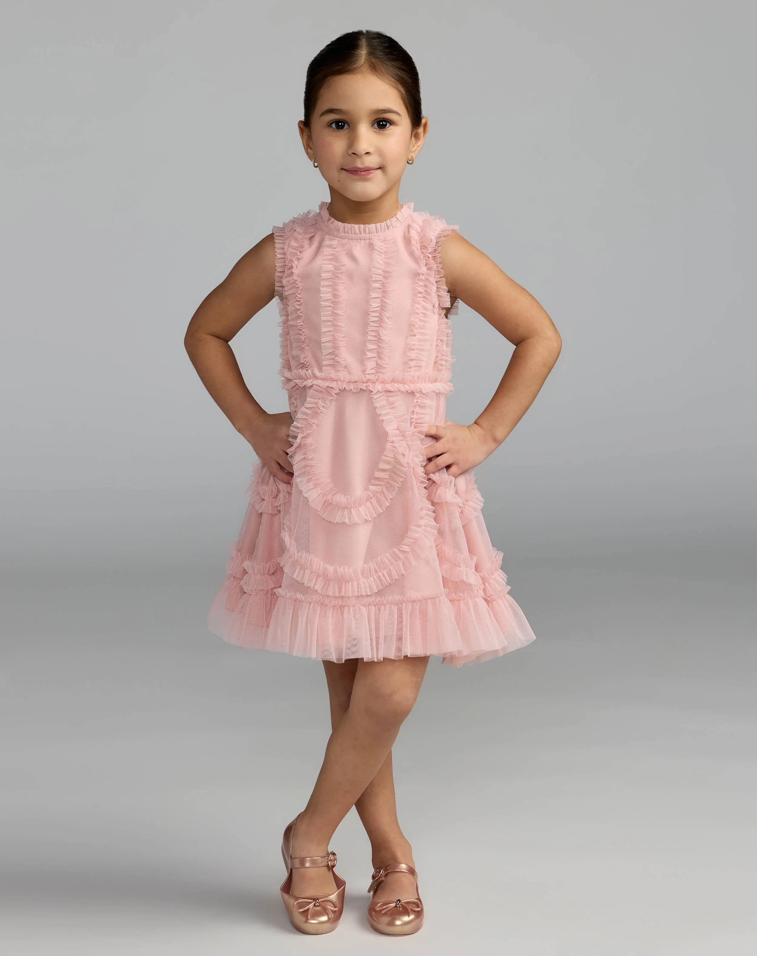 Girls Pink High Neck Sleeveless Micro Ruffle Mini Dress-Myartka